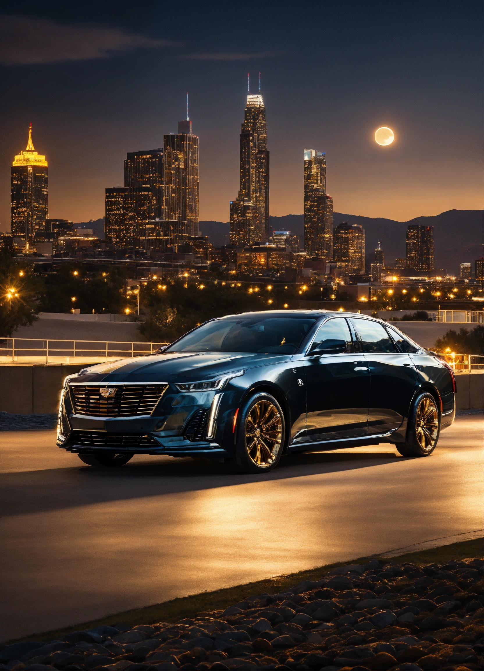 Lexica - 2023 Cadillac ct5 black and Gold with downtown landscape and ...