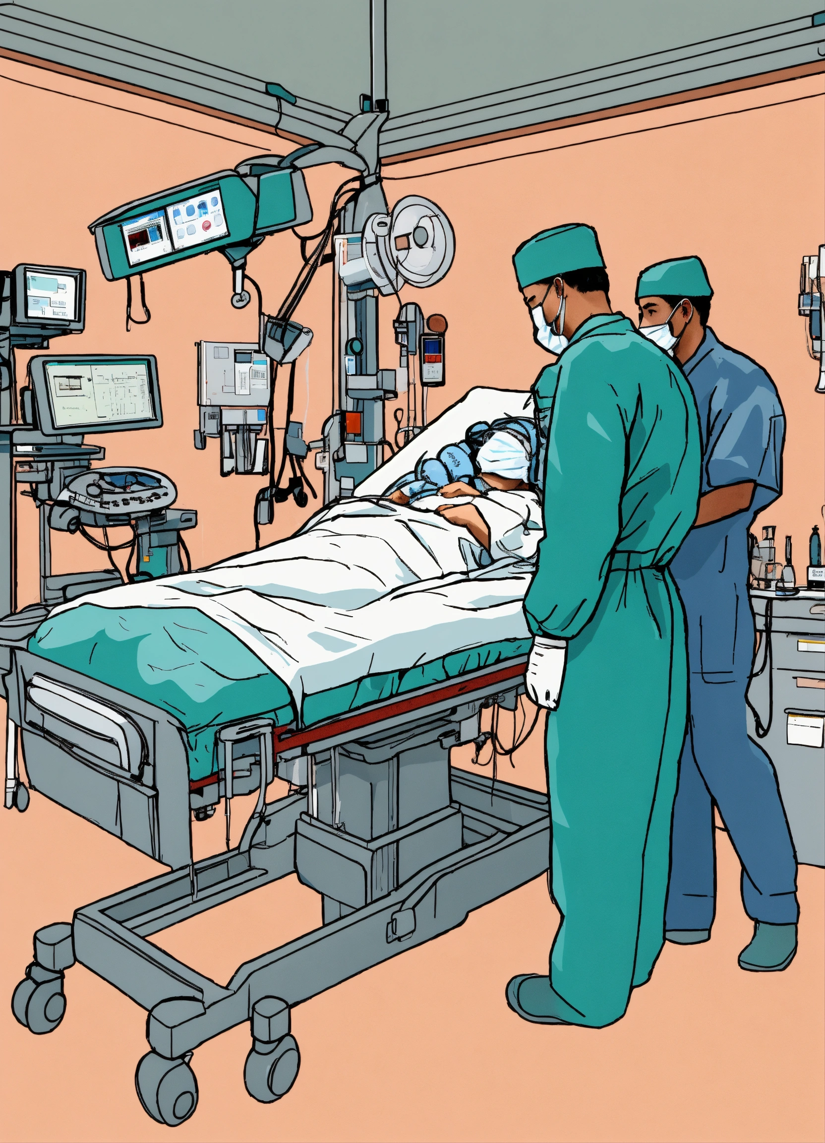 Lexica - Surgeon in an operating room sad, patient in a medical bed ...