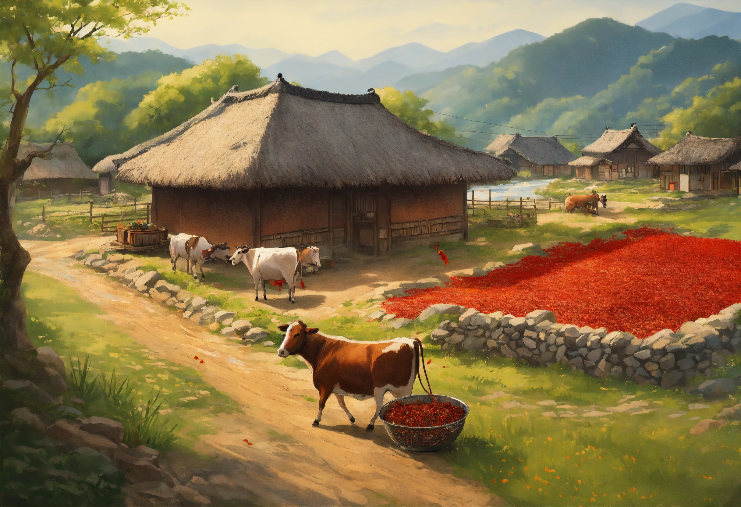 Lexica - A rural landscape in Korea, with thatched huts, a stream, a ...