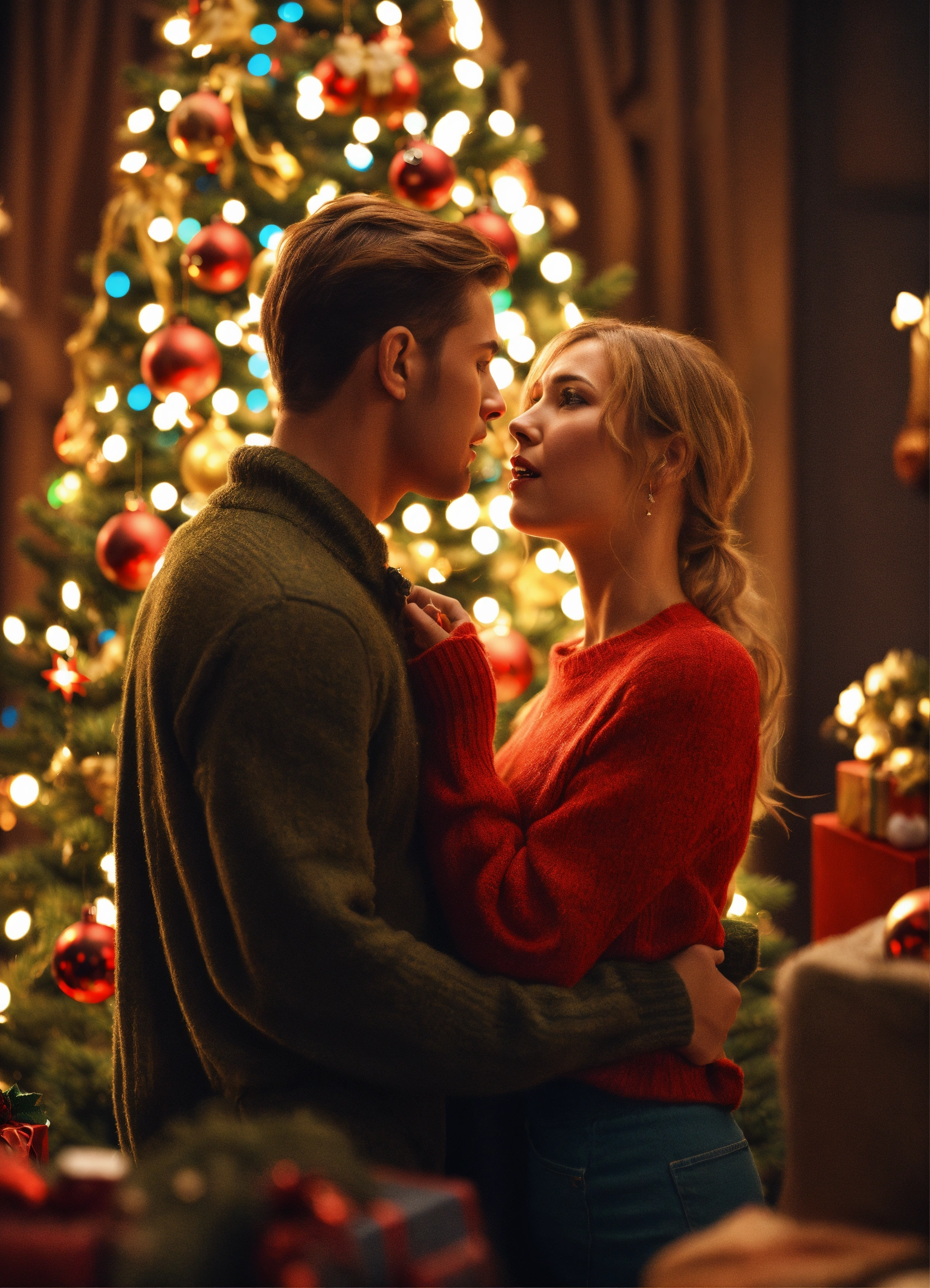 Lexica - A couple in love quarreling by the Christmas tree, realistic ...
