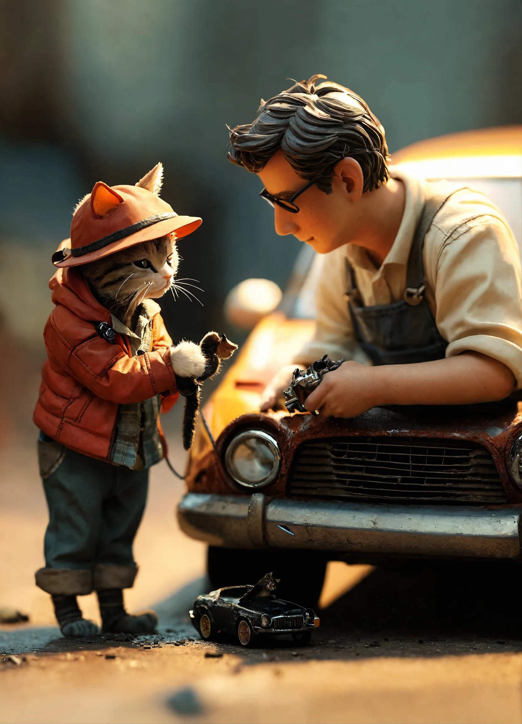 Lexica - A cat father teaching a cat son how to fix a car, life-like