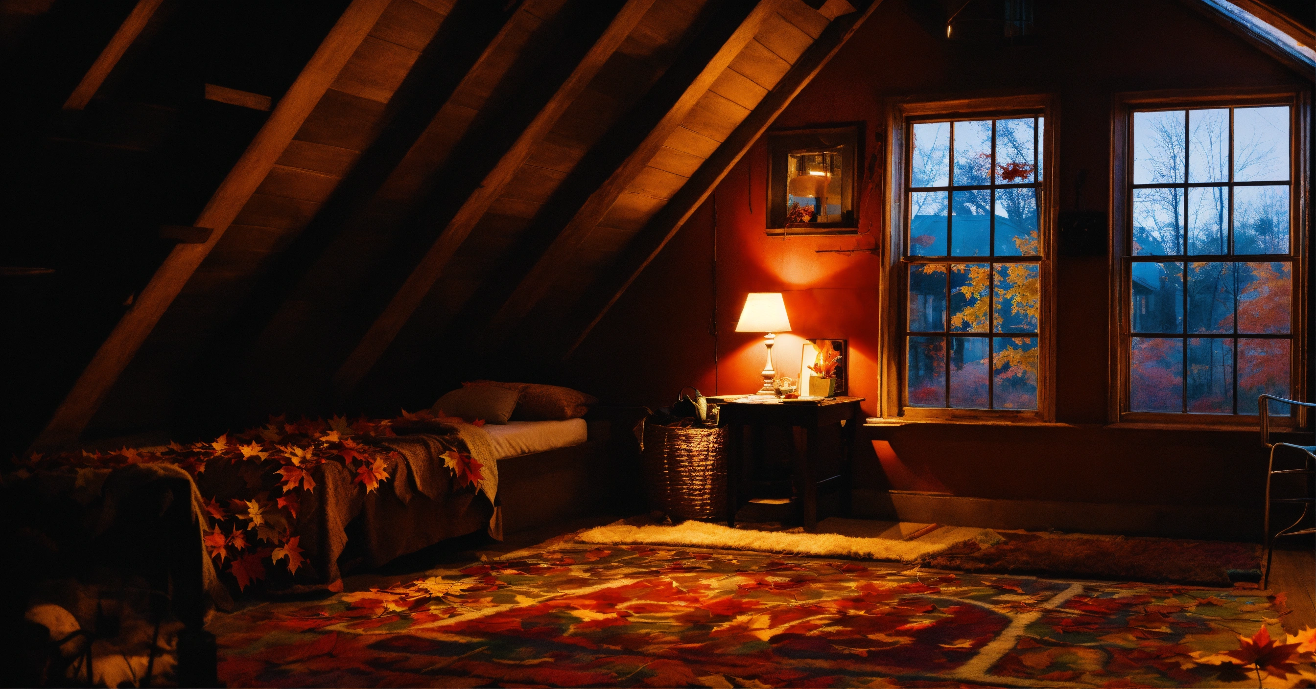 Lexica - Night time attic, fall leaves, night window, fluffy rug ...