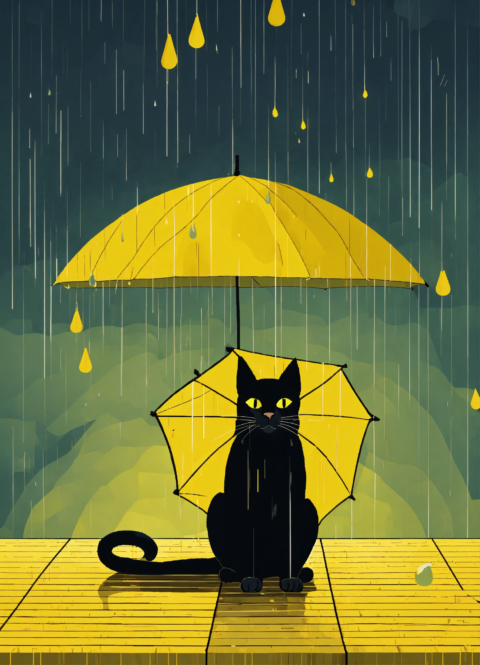 Lexica - Black cat sitting under yellow umbrella's under a rain, no ...