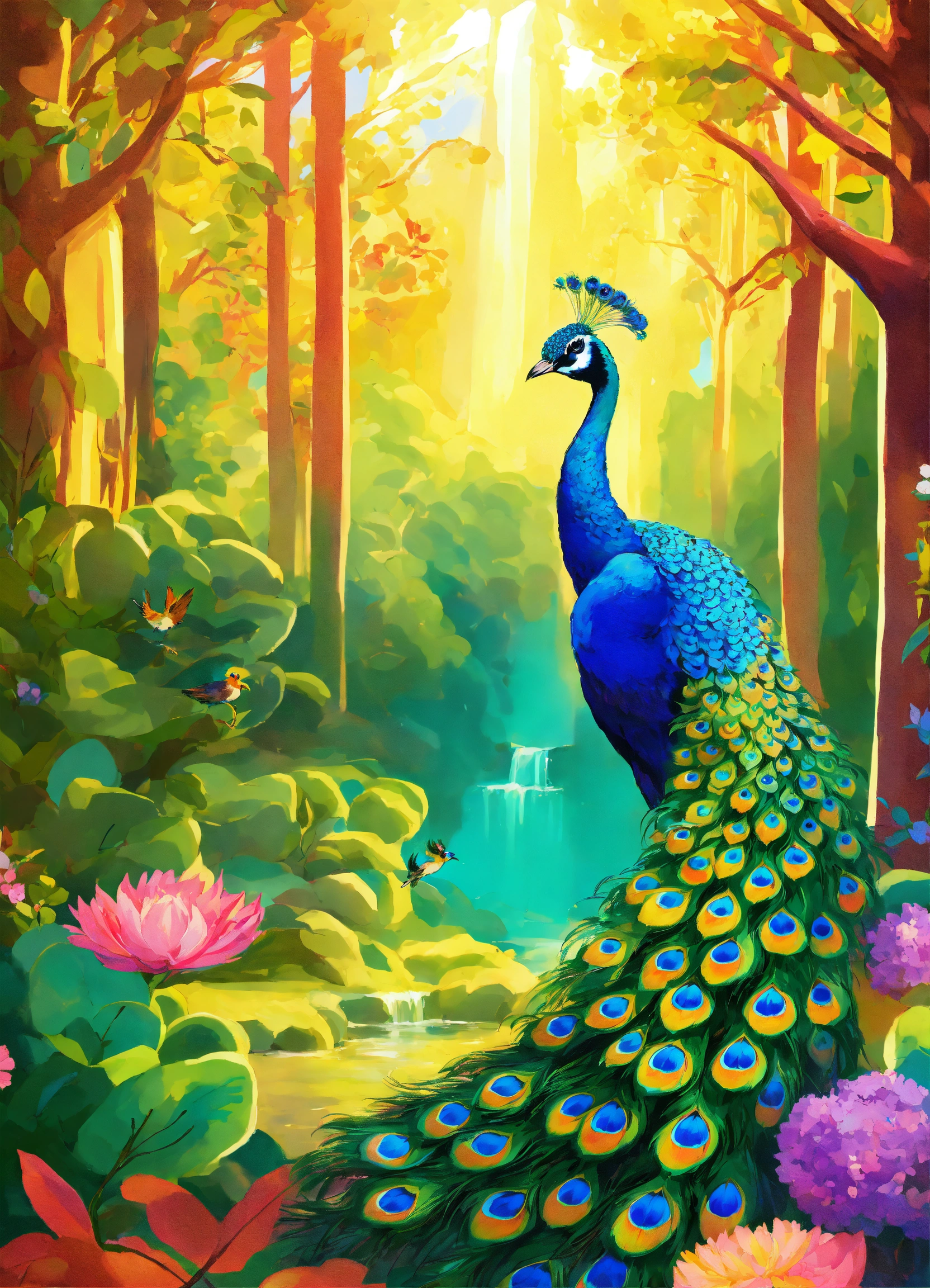 Lexica - Illustration of colorful and vibrant forest, waterfall , birds ...