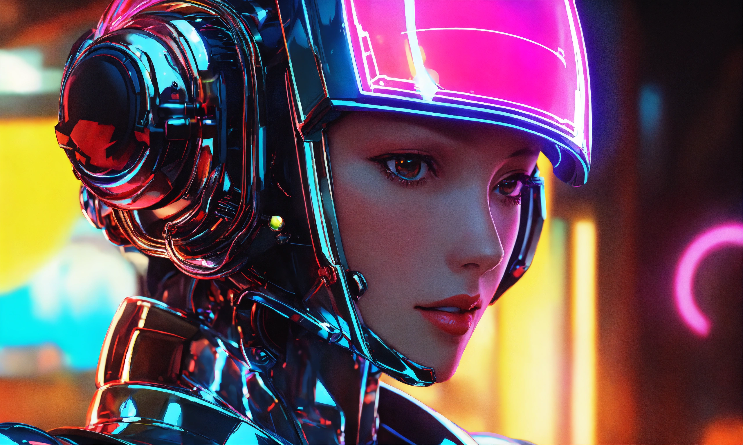 Lexica - 80s anime style, closeup of female robot with chrome skin and  helmet, neon