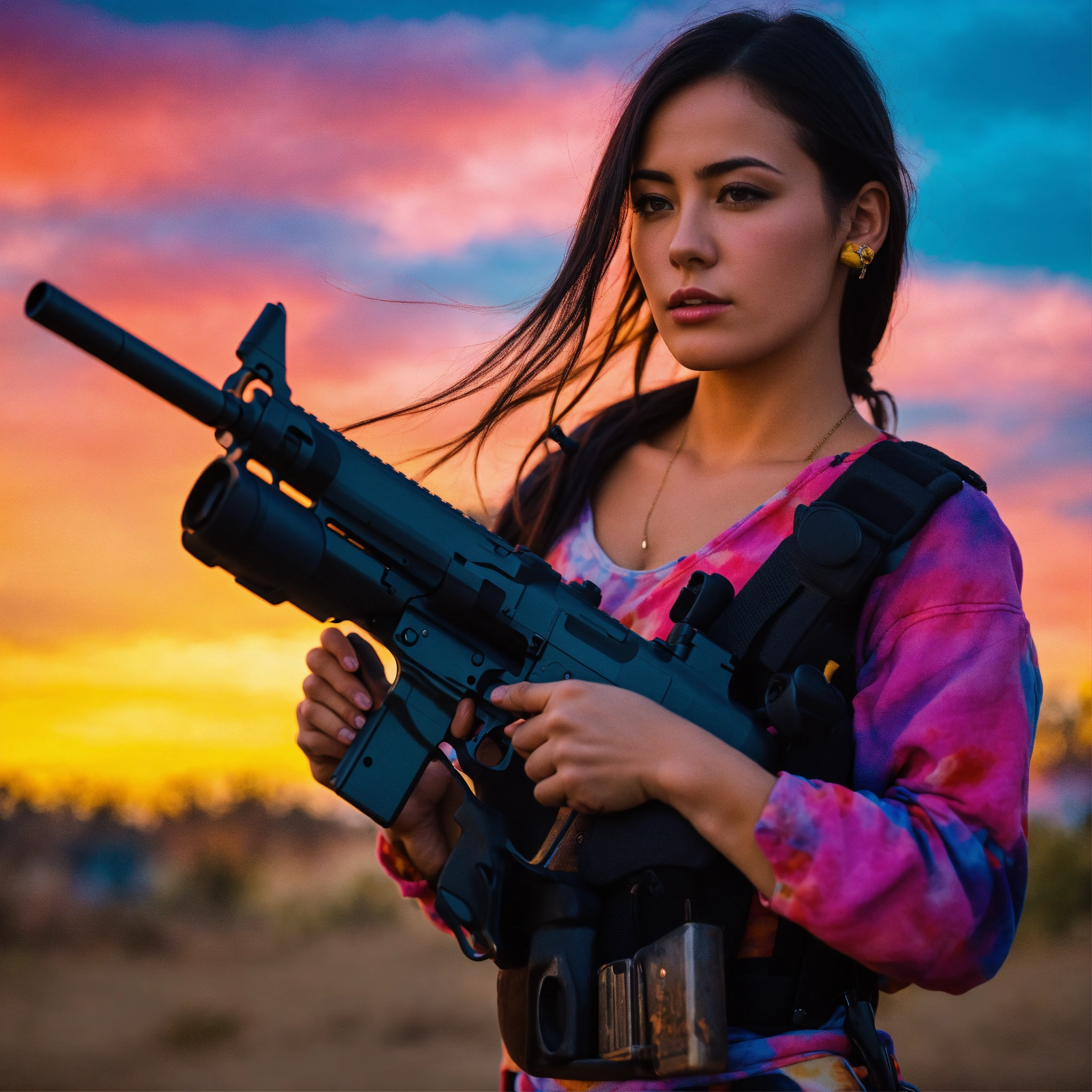 Lexica - Close up of a woman holding a gun, in front of a colourful sky