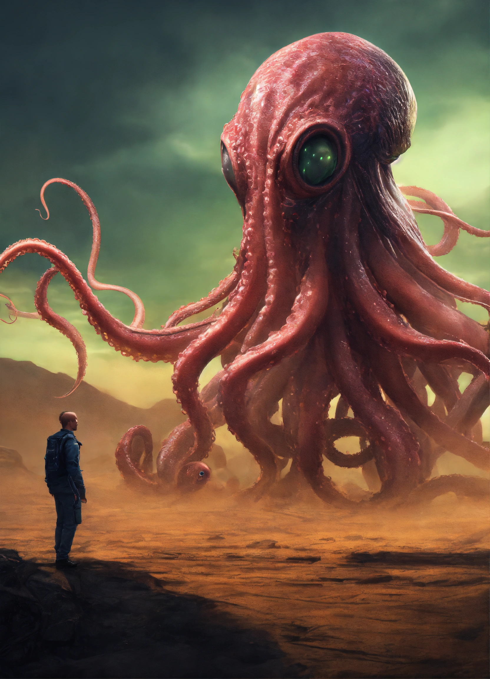 Lexica - Tentacled alien male and a human male. photorealism