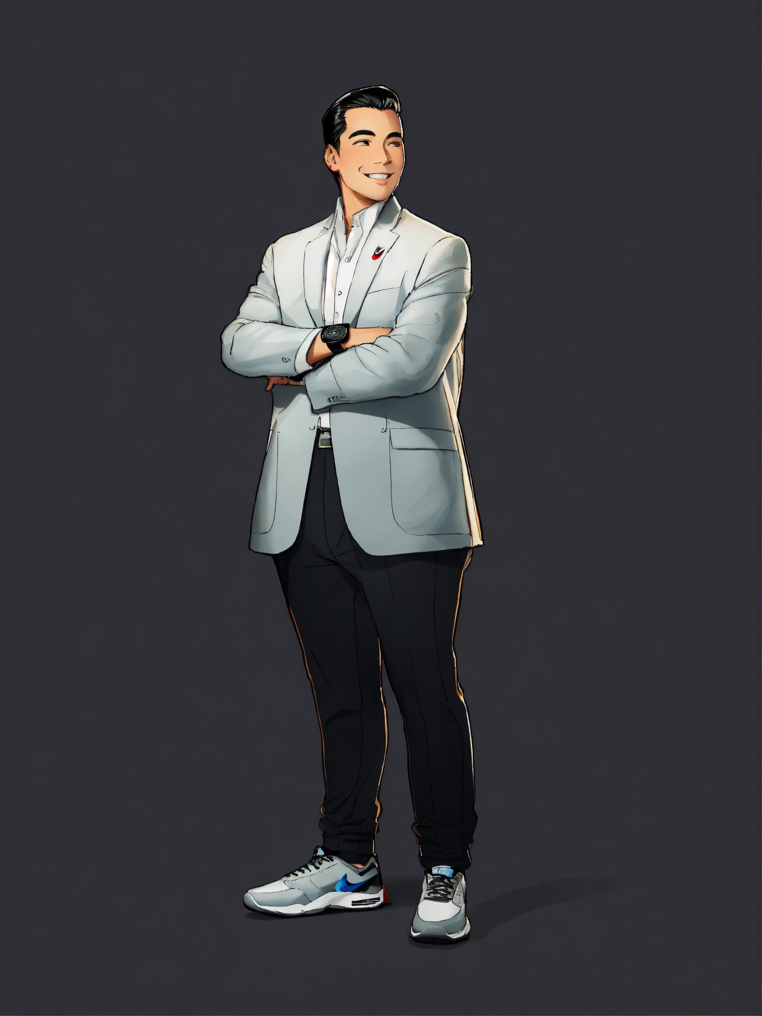Lexica - A rounded face CEO standing and smiling wearing black and ...