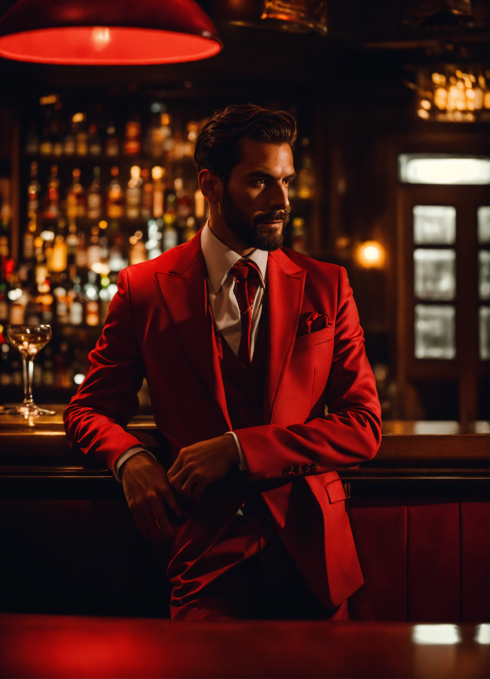 Lexica - A mysterious man in a red suit in a dark bar