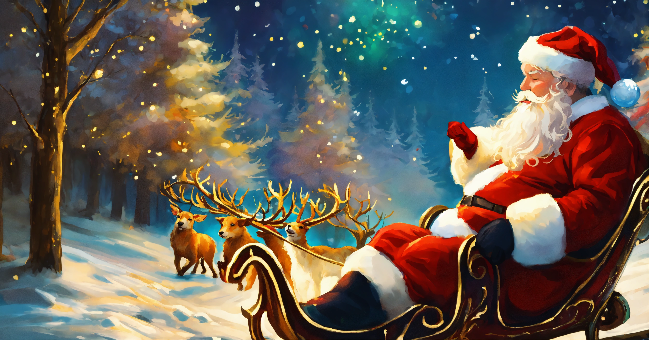 Lexica - Santa Claus giving kiss, sleigh, in Impressionism New Year's ...