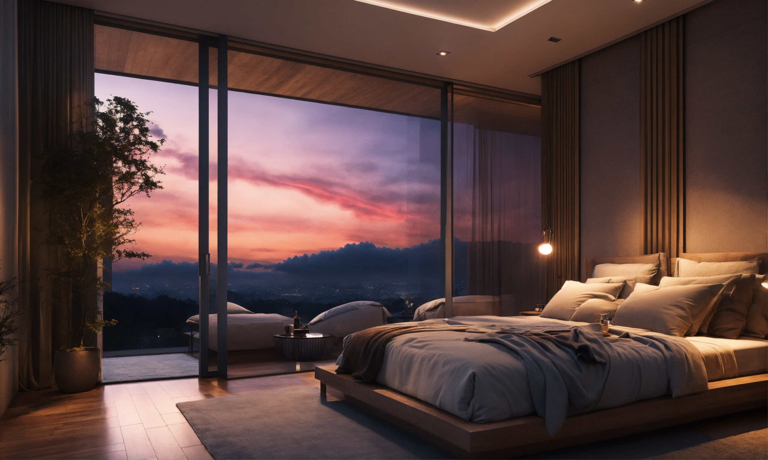 Lexica - A modern bedroom with a big window at night cloudy night ...