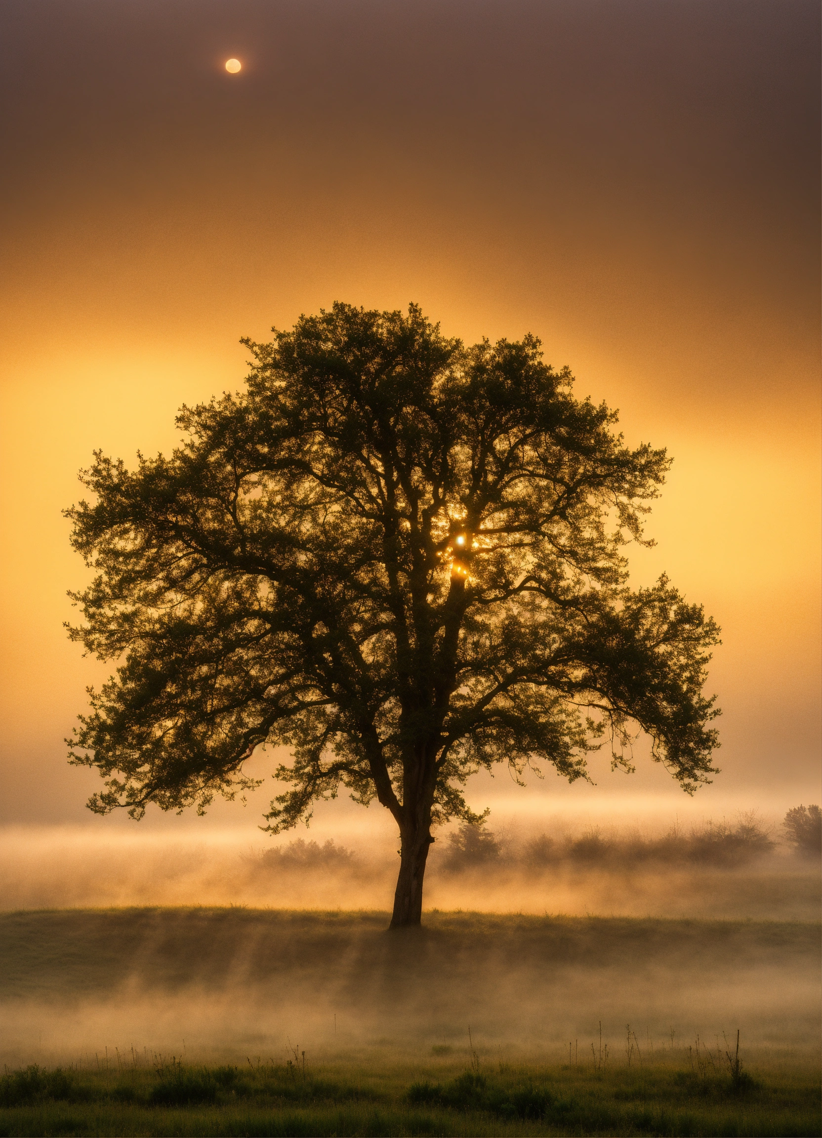Lexica - A single tree in a meadow covered with morning fog