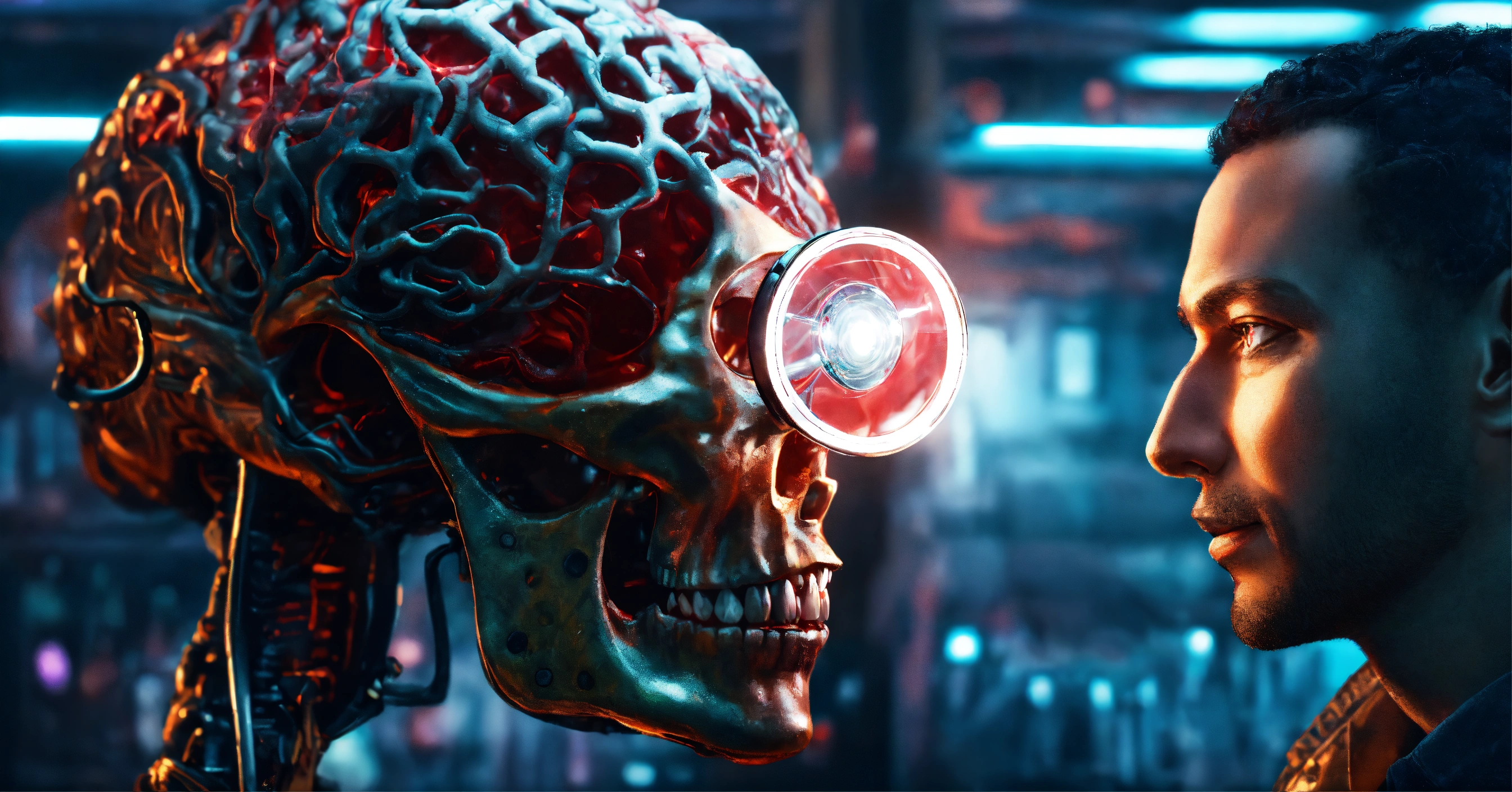 Lexica - Evil demonic AI god holding a magnifying glass above a human ...
