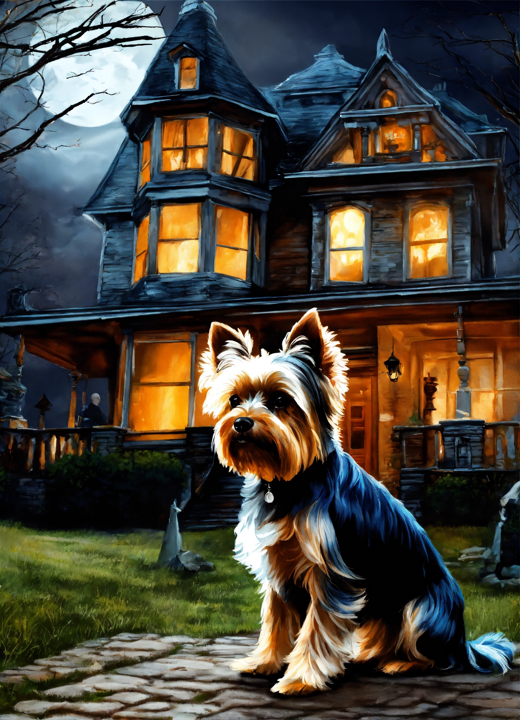 Lexica - Realistic beautiful ghost yorkie in front of a haunted house ...