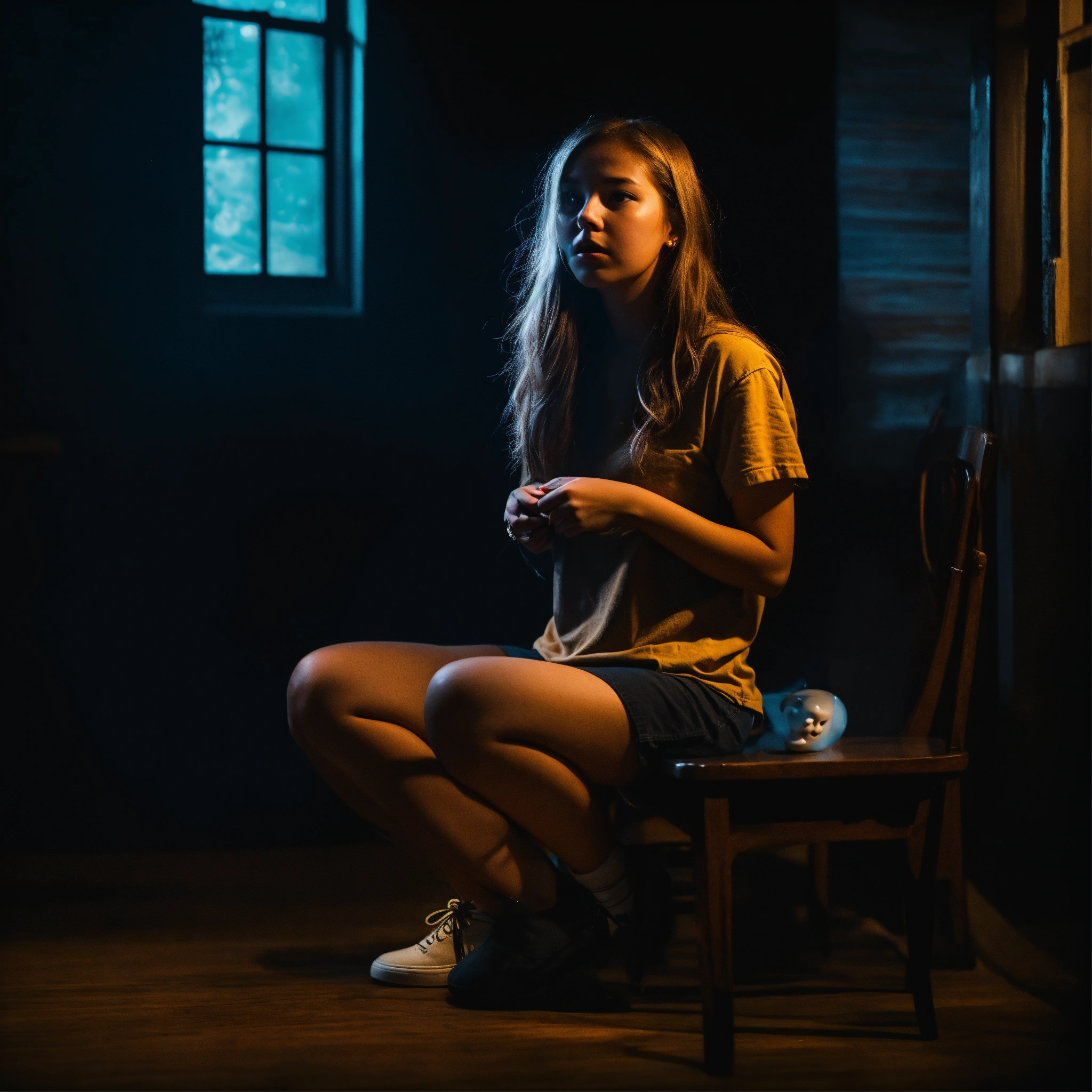 Lexica - Girl sits and is afraid of a ghost on the black background