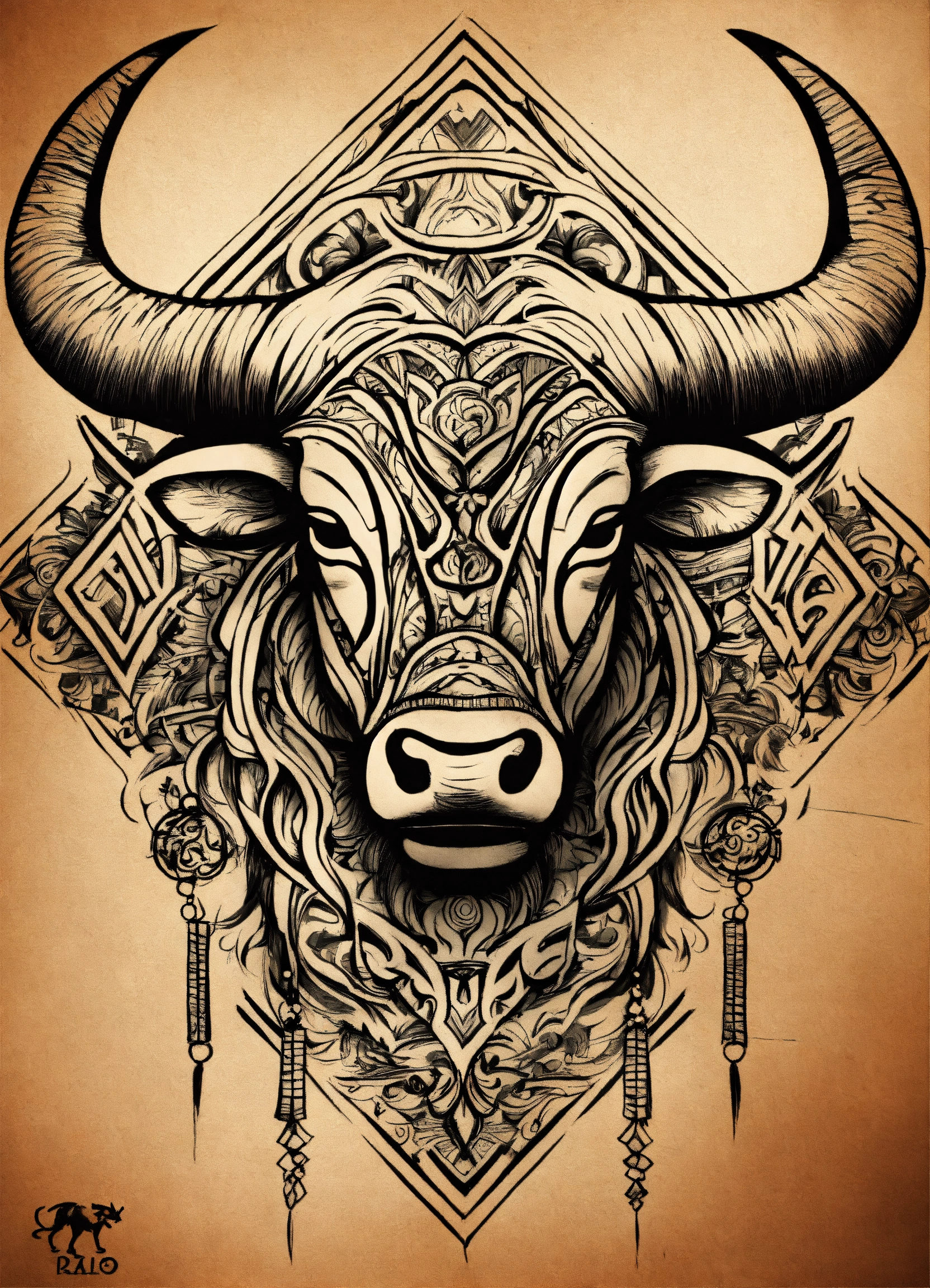 Lexica - Drawing of a bull draw only with tribal shapes tattoo