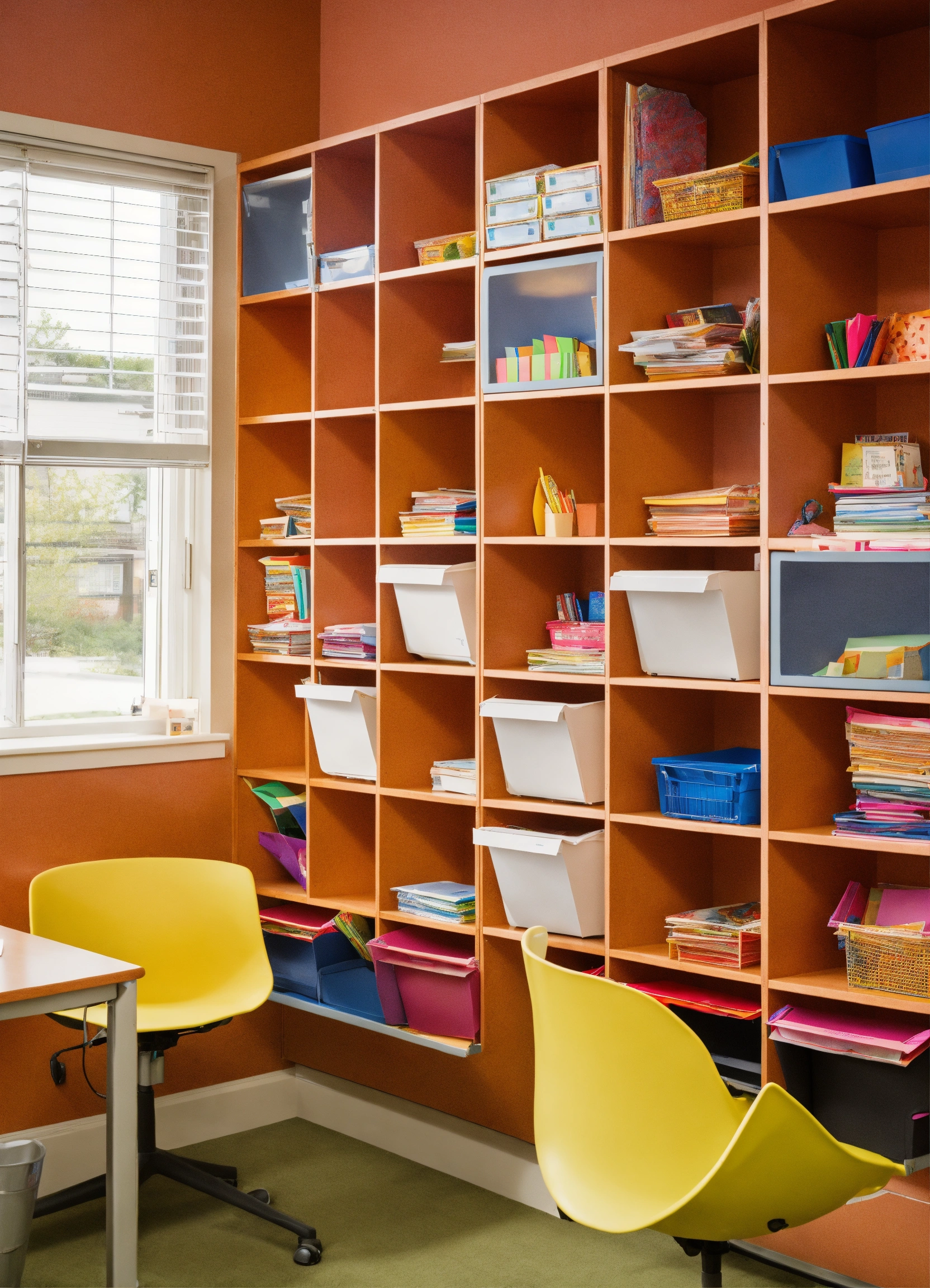 Lexica - Teacher work room with triangular shaped cubbies with mail in them