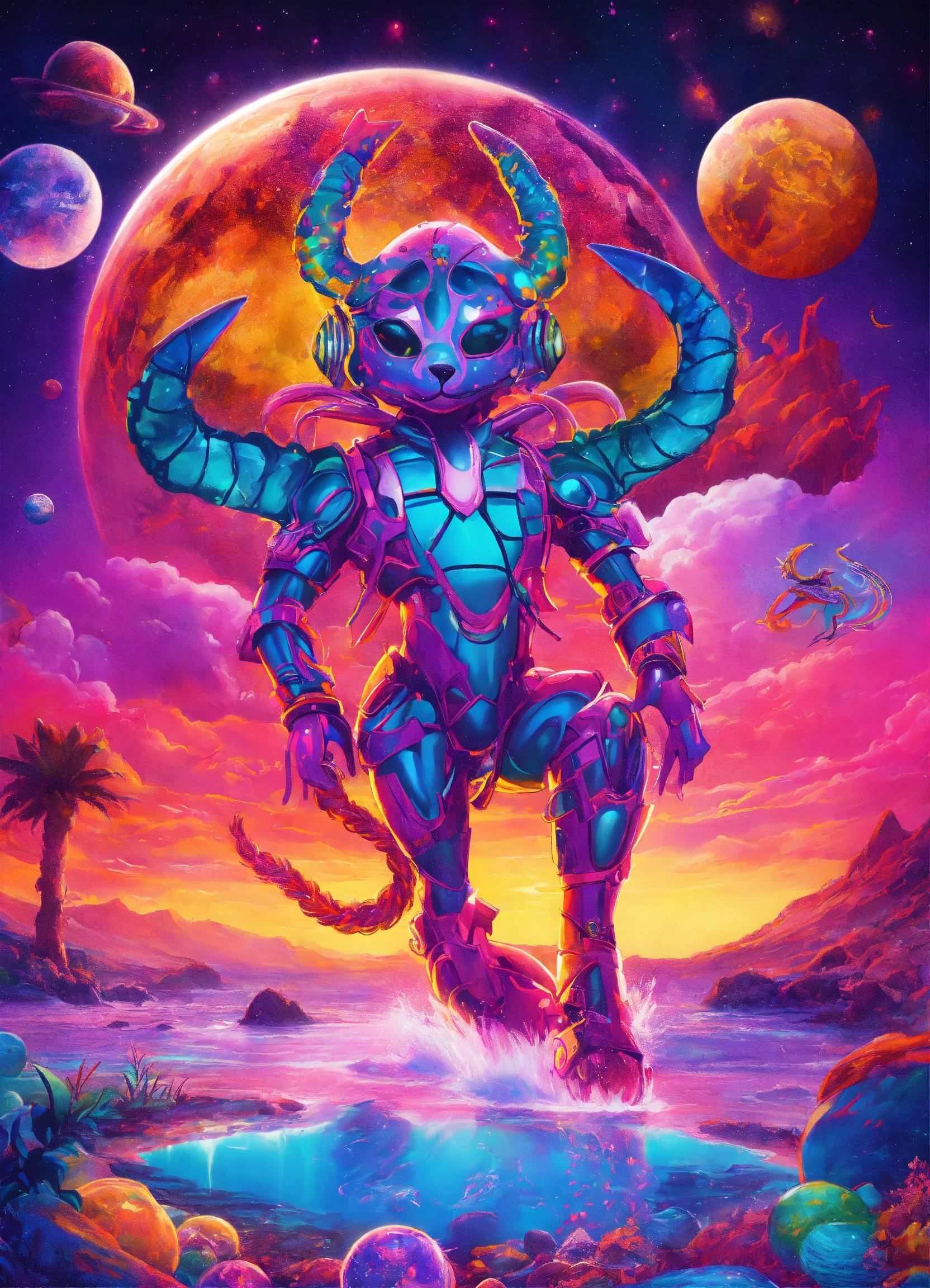 Lexica Scorpio zodiac sign, an album cover Lisa Frank, afrofuturism
