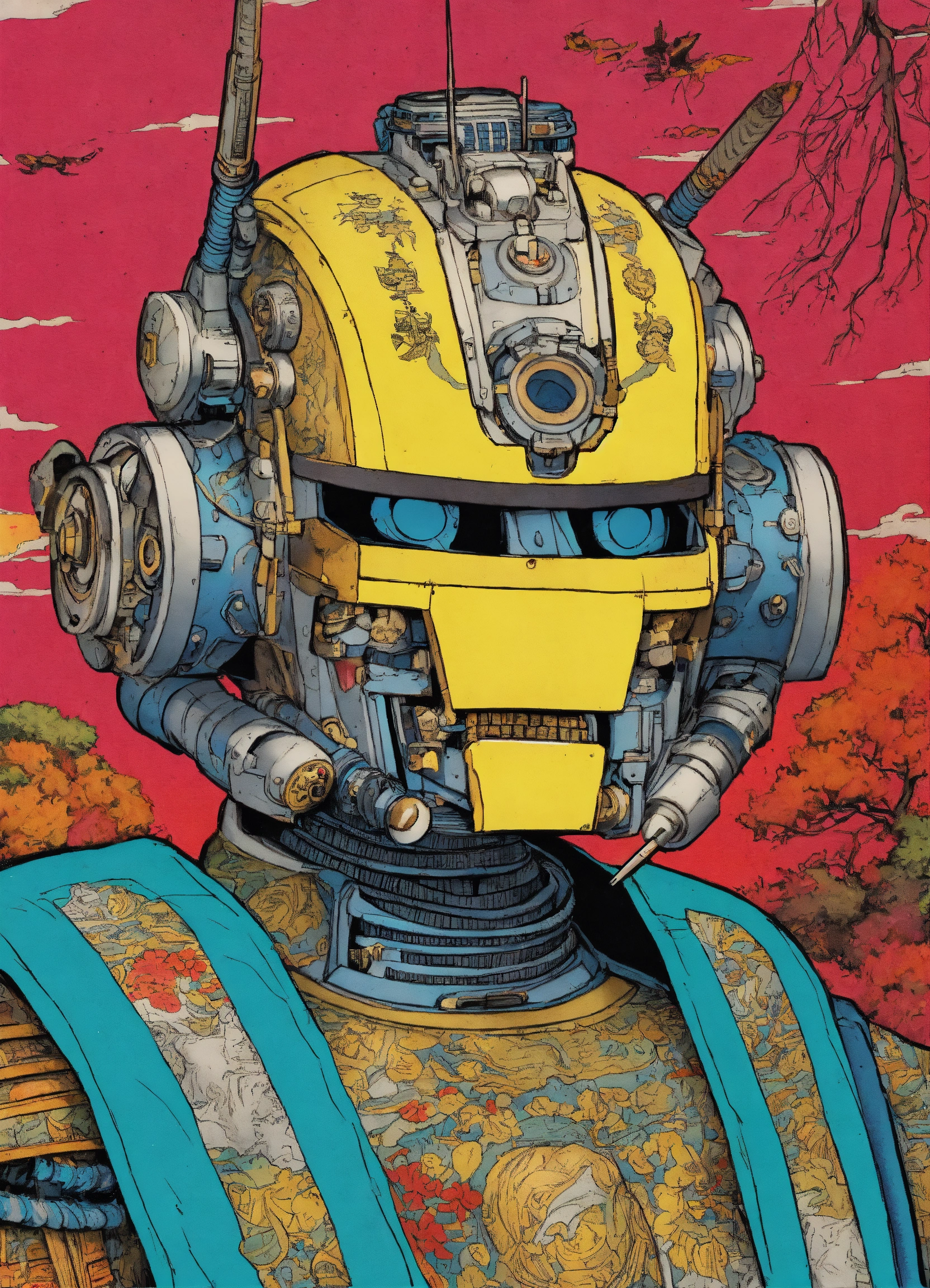 Lexica - Detailed pen and ink illustration of a samurai robot, head ...