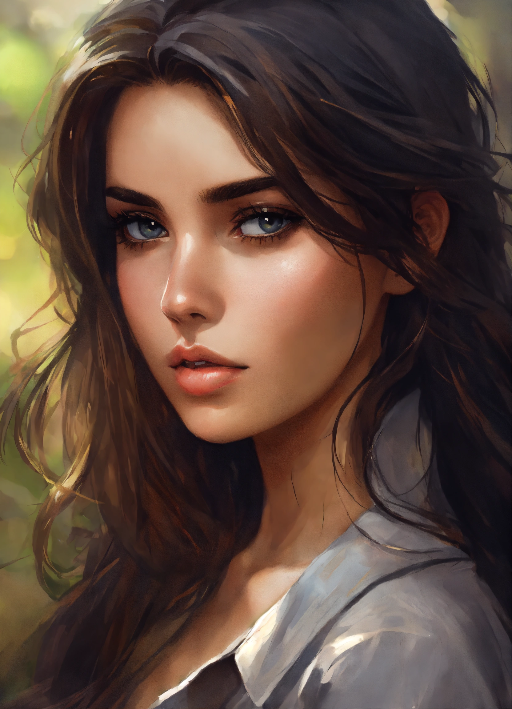 Lexica - Portrait draw beautiful girl dark hair, gray eyes, open Shirt ...