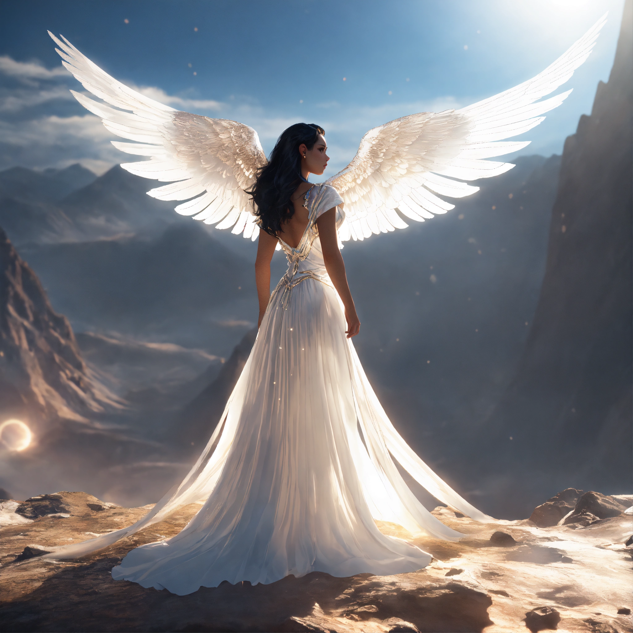 Lexica - A archangel Raphael black hair in white dress fly, being ...