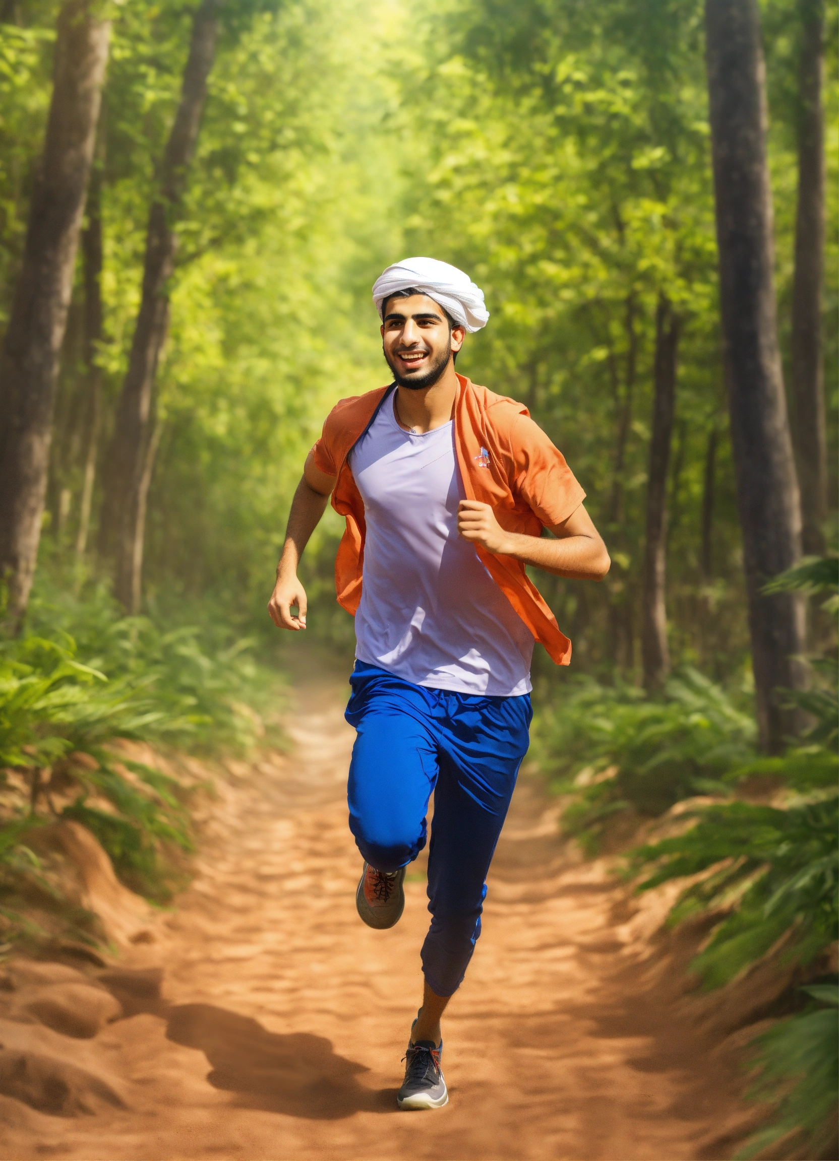 Lexica - A young Arab man running in a dirt path in the forest, feeling ...