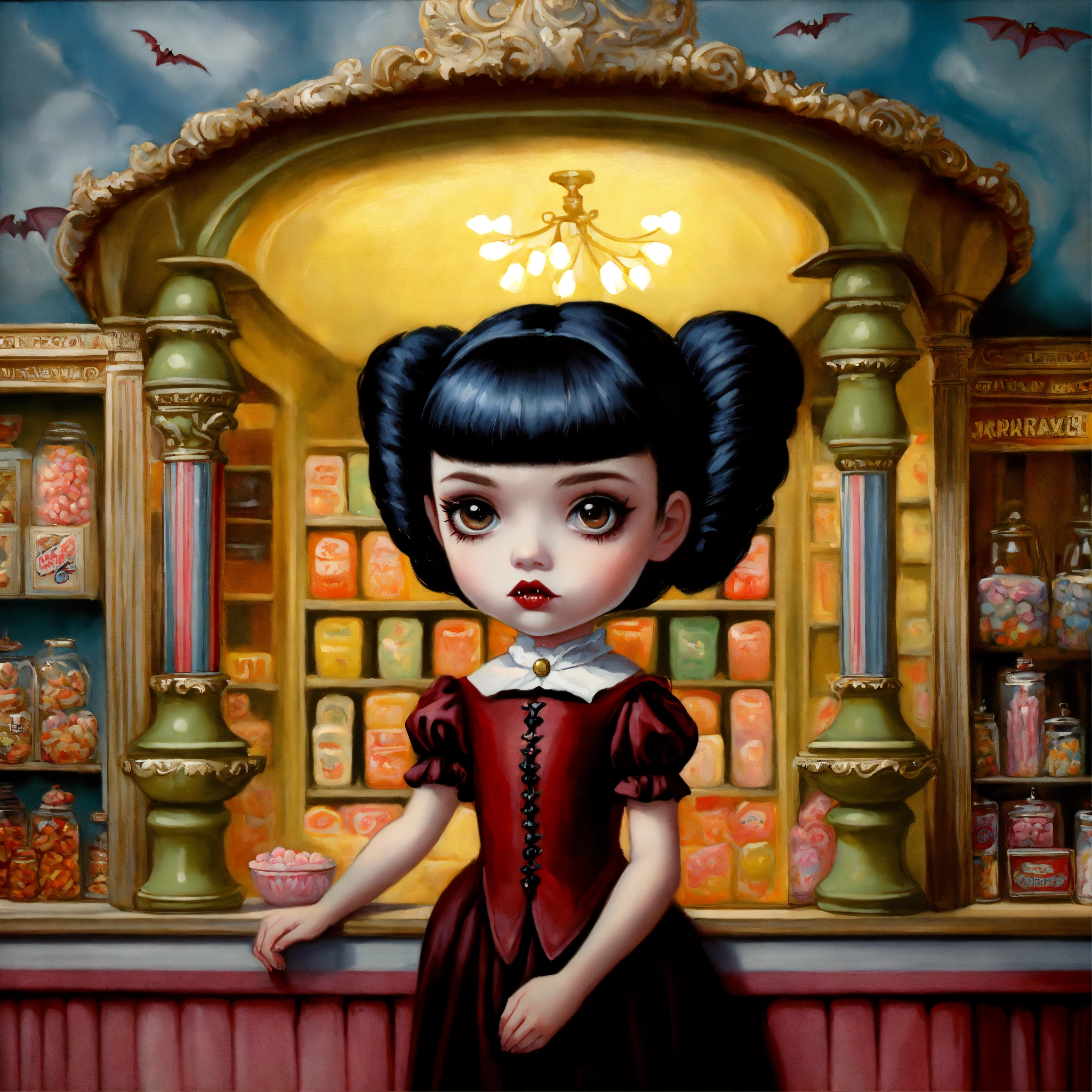 Lexica - A vampire girl ride a bat, black hair,in a candy shop oil ...