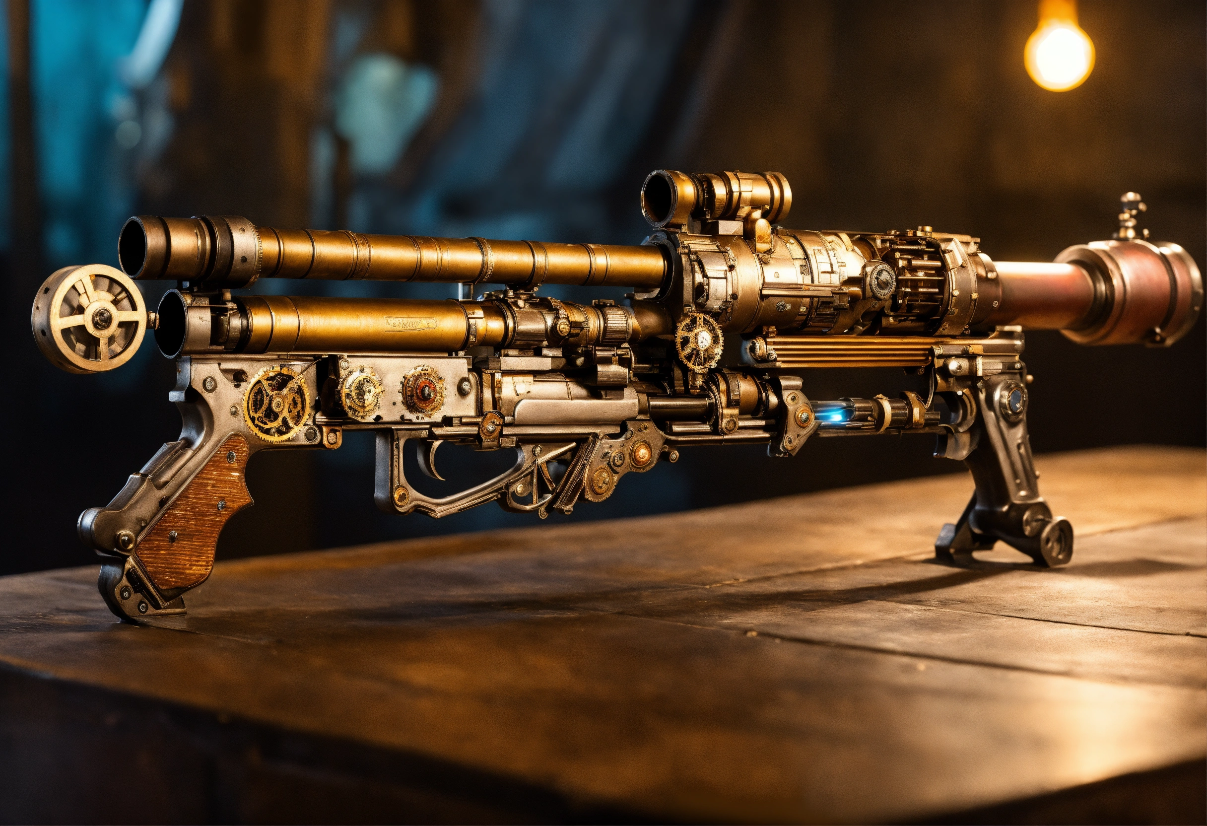 Lexica - Side view of the full image of a steampunk energy rifle