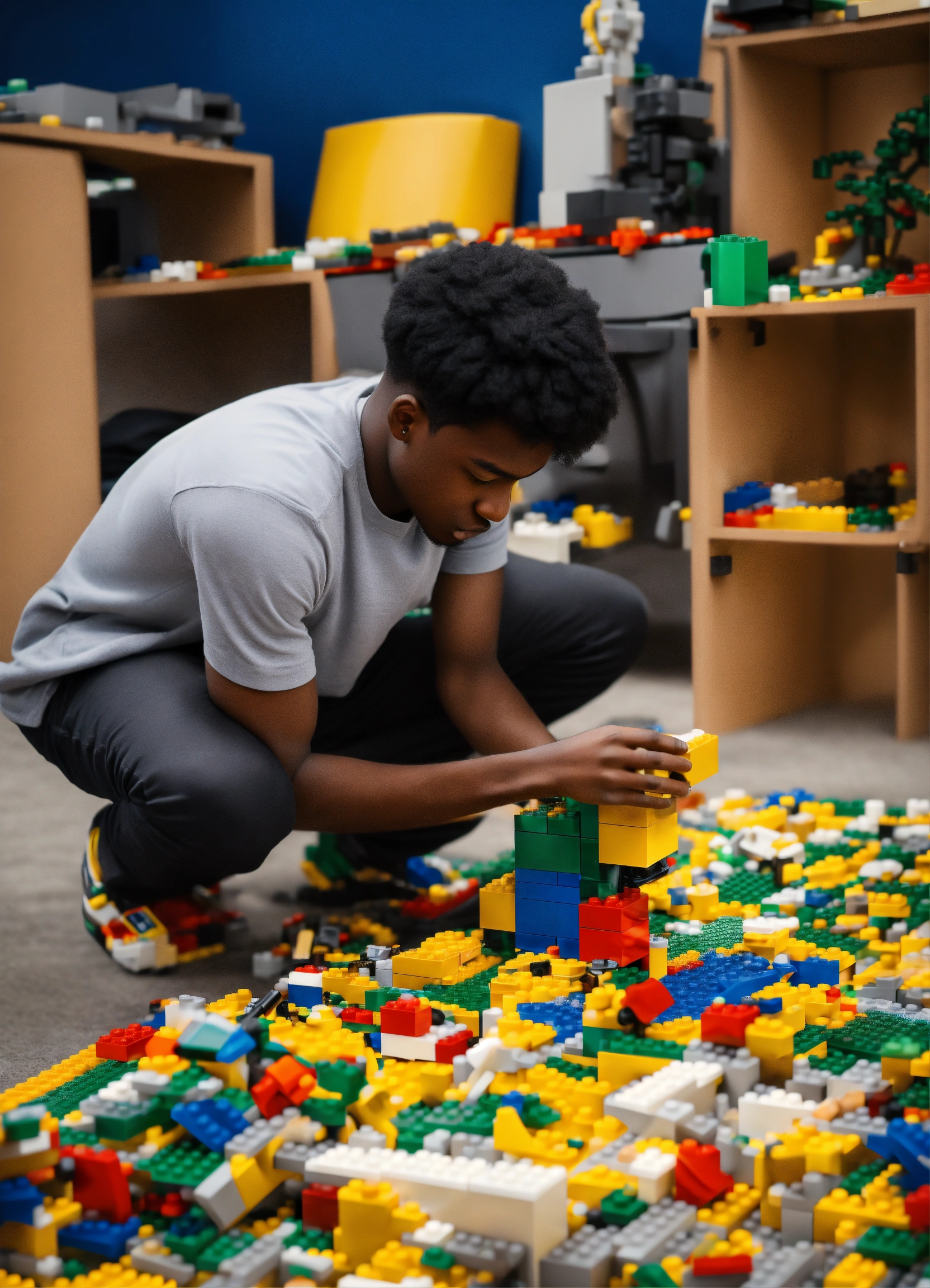 Lexica - A black techy young guy trying to fit a small lego in a bigger ...