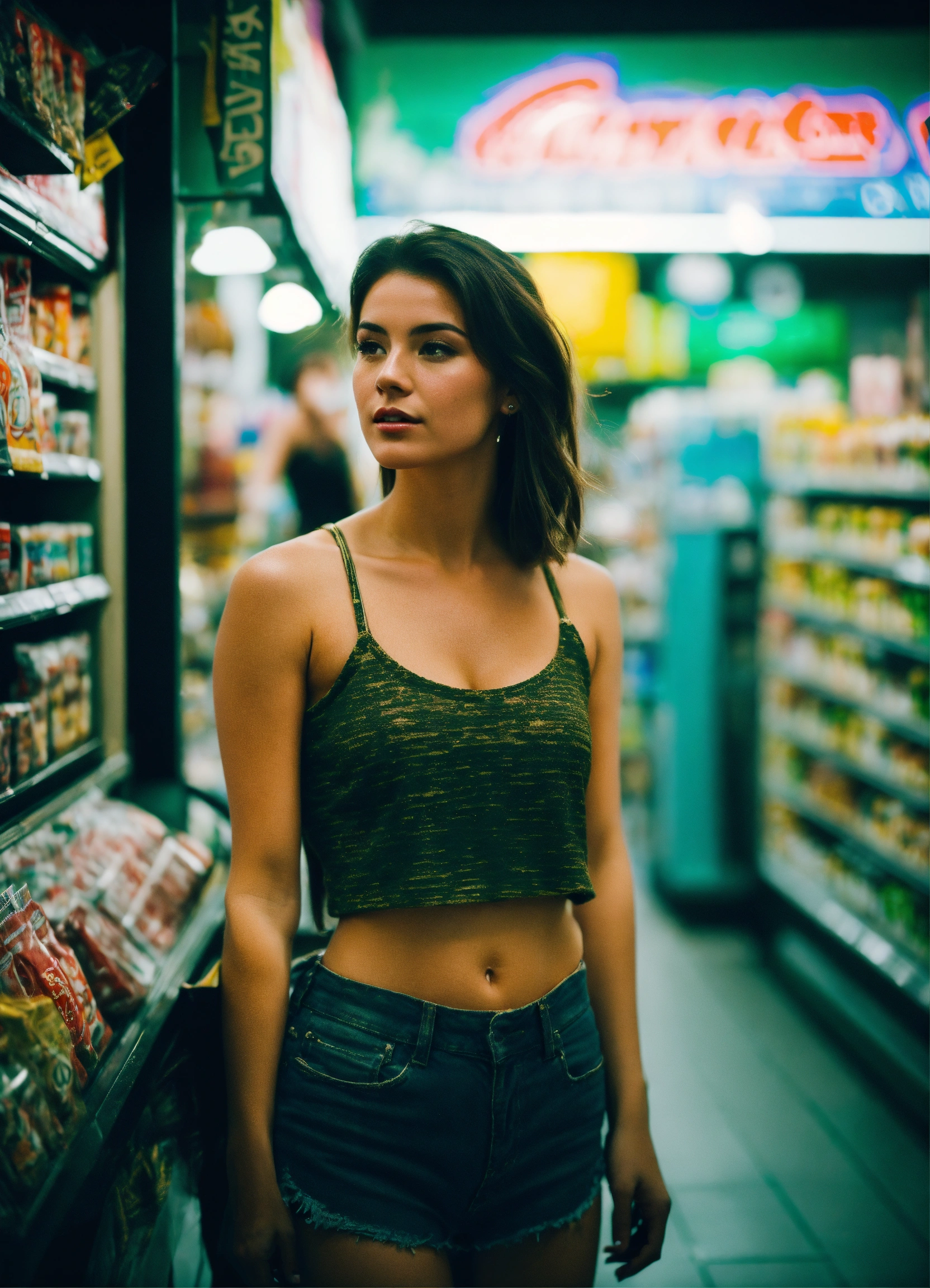 Lexica - Candid photo of a young brunette woman wearing a crop top and a  short is taken at a European convenience store during the night,  high-qualit...