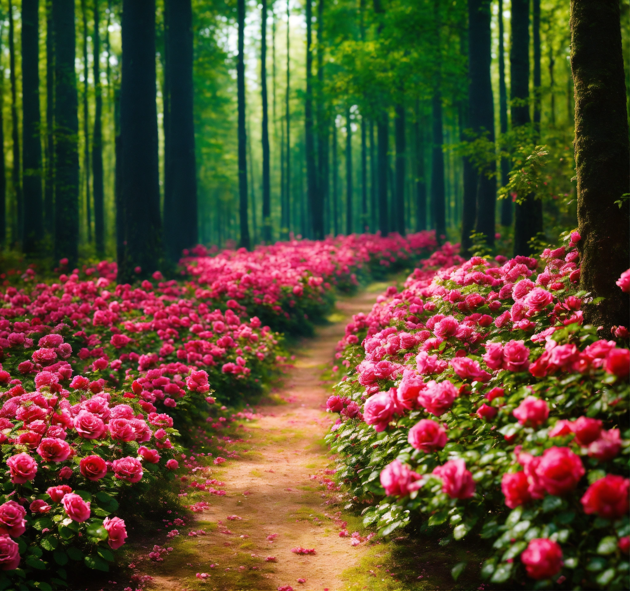Lexica - Beneath the towering trees, a carpet of wild roses covers the ...
