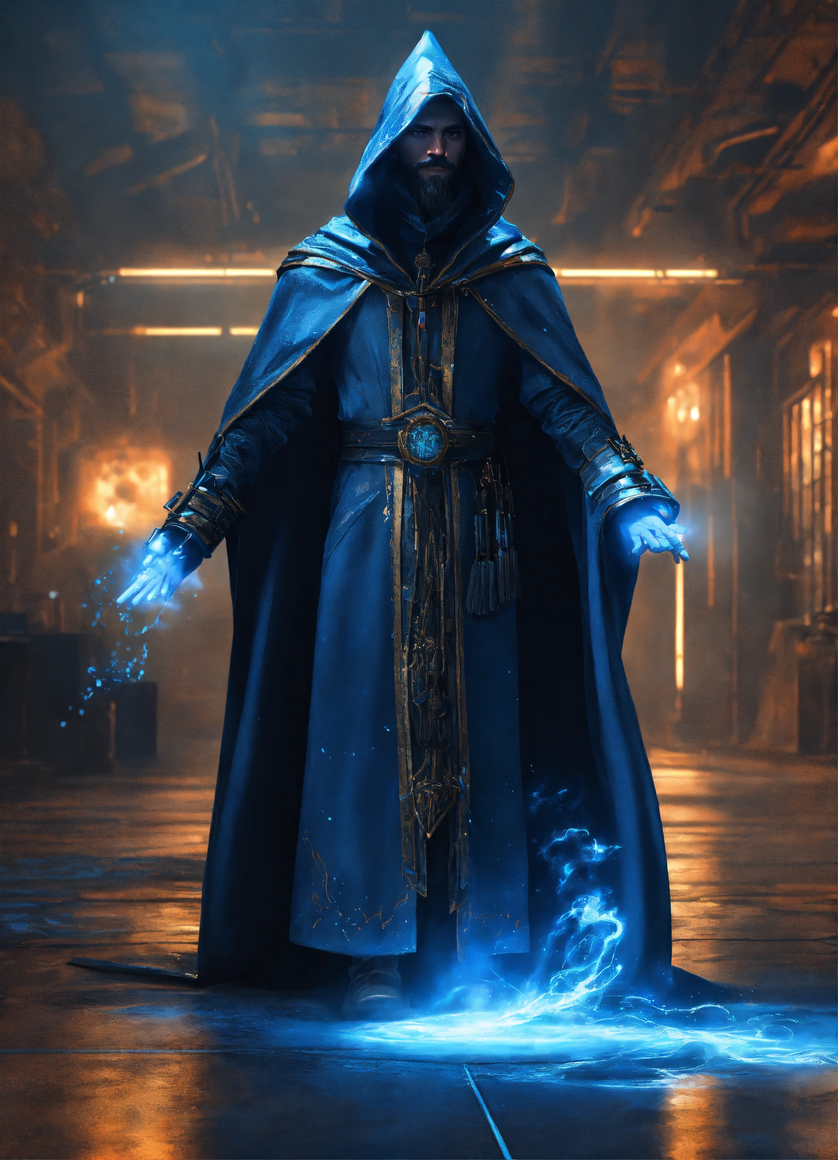 Lexica - A black and blue cloaked wizard casting a spell, cyberpunk ...