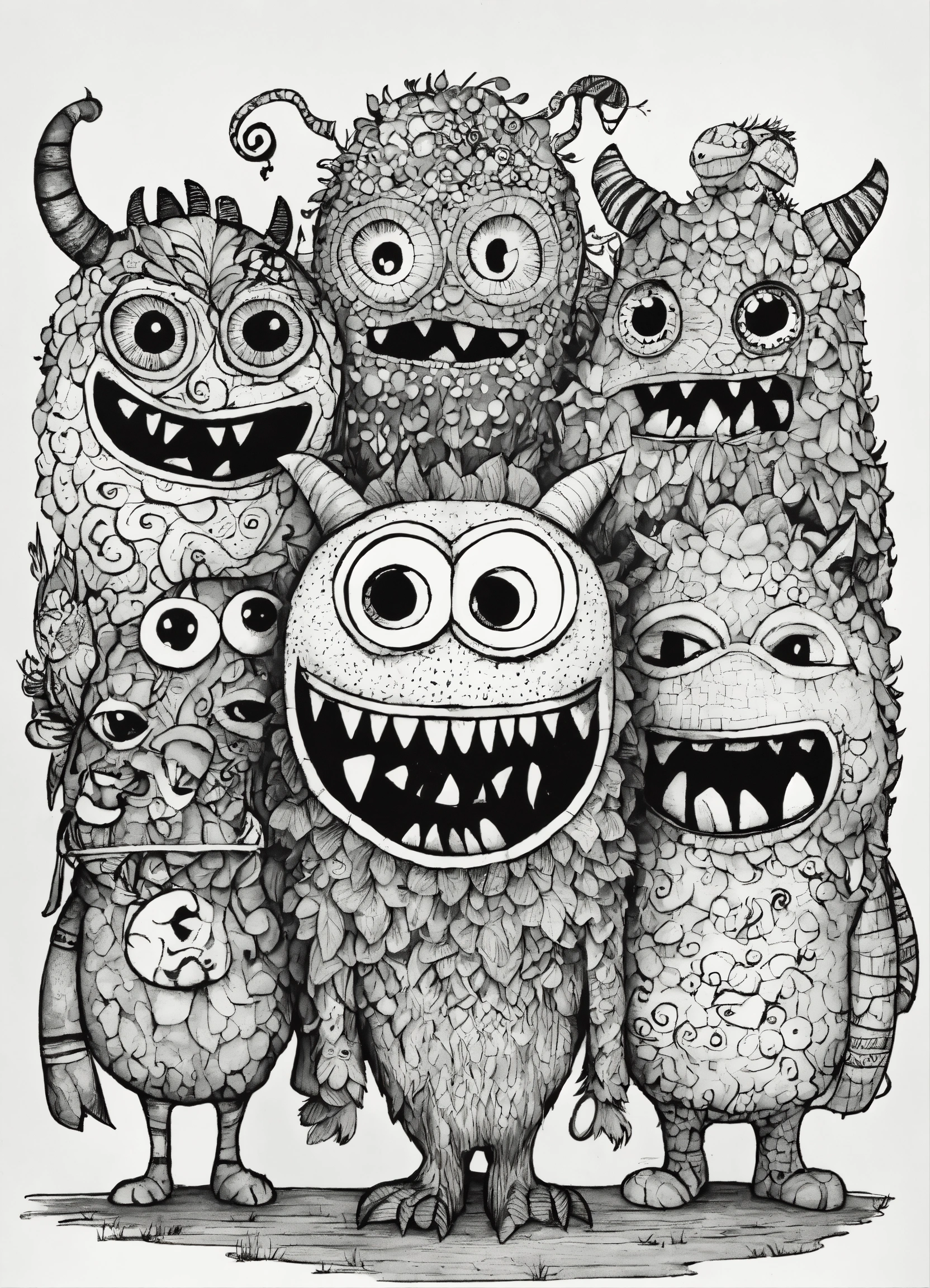 Lexica - Doodle funny kind and funny 5 monsters ink black and white