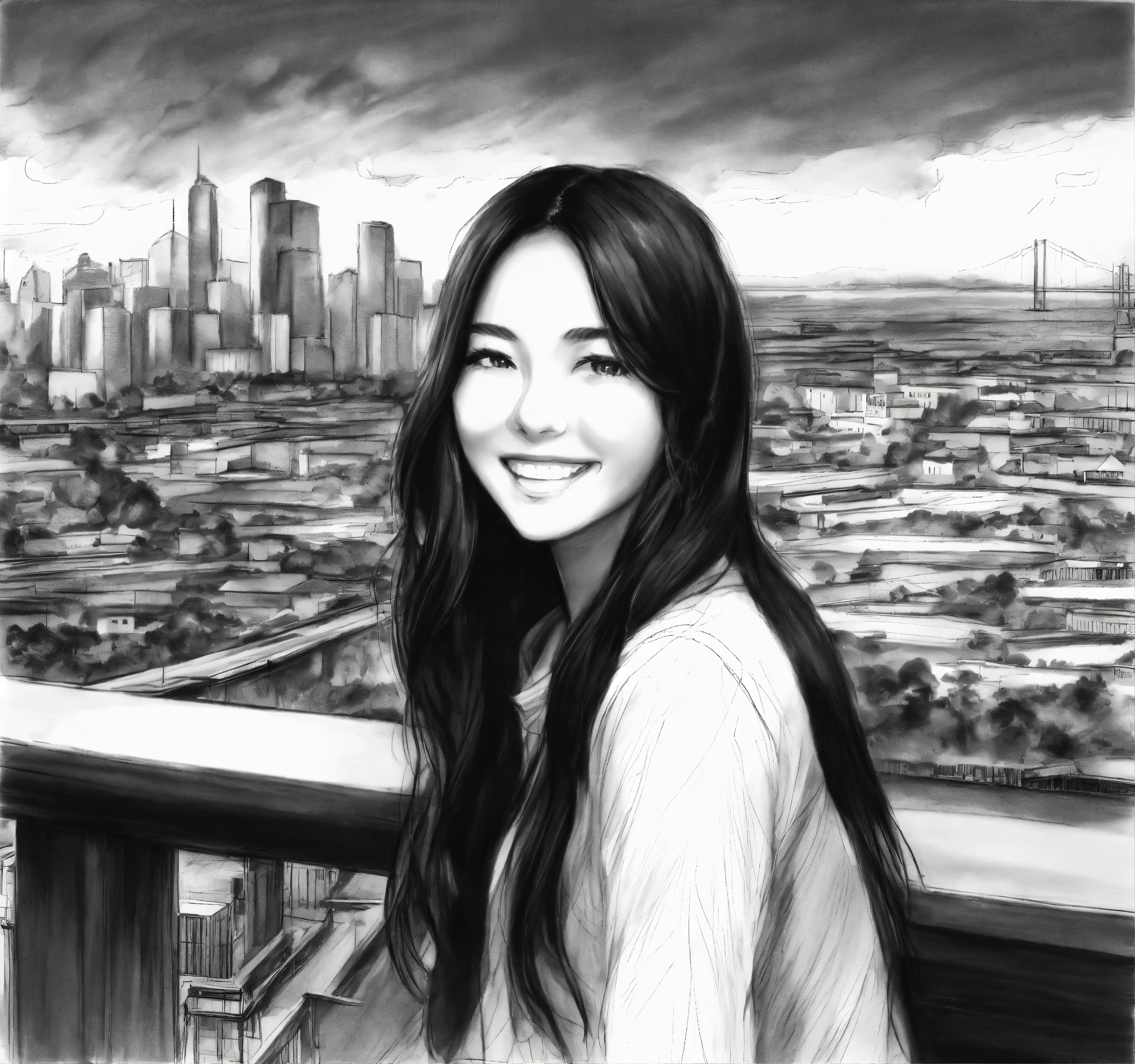 Lexica Pencil black and white sketch of eurasian girl long black hair