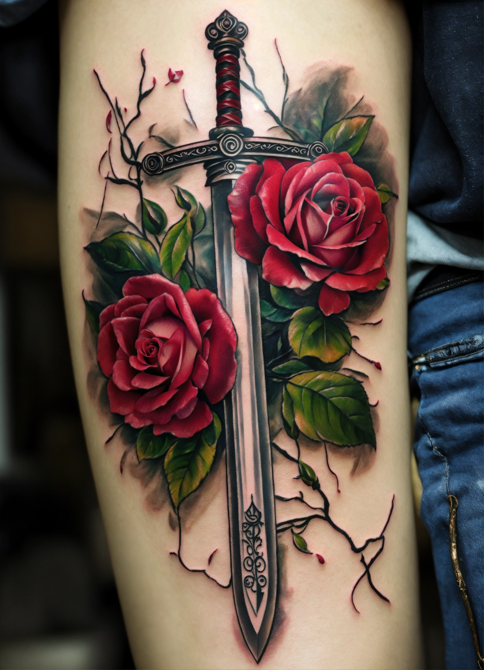 Lexica - Tattoo with three roses and sword, photography realistic