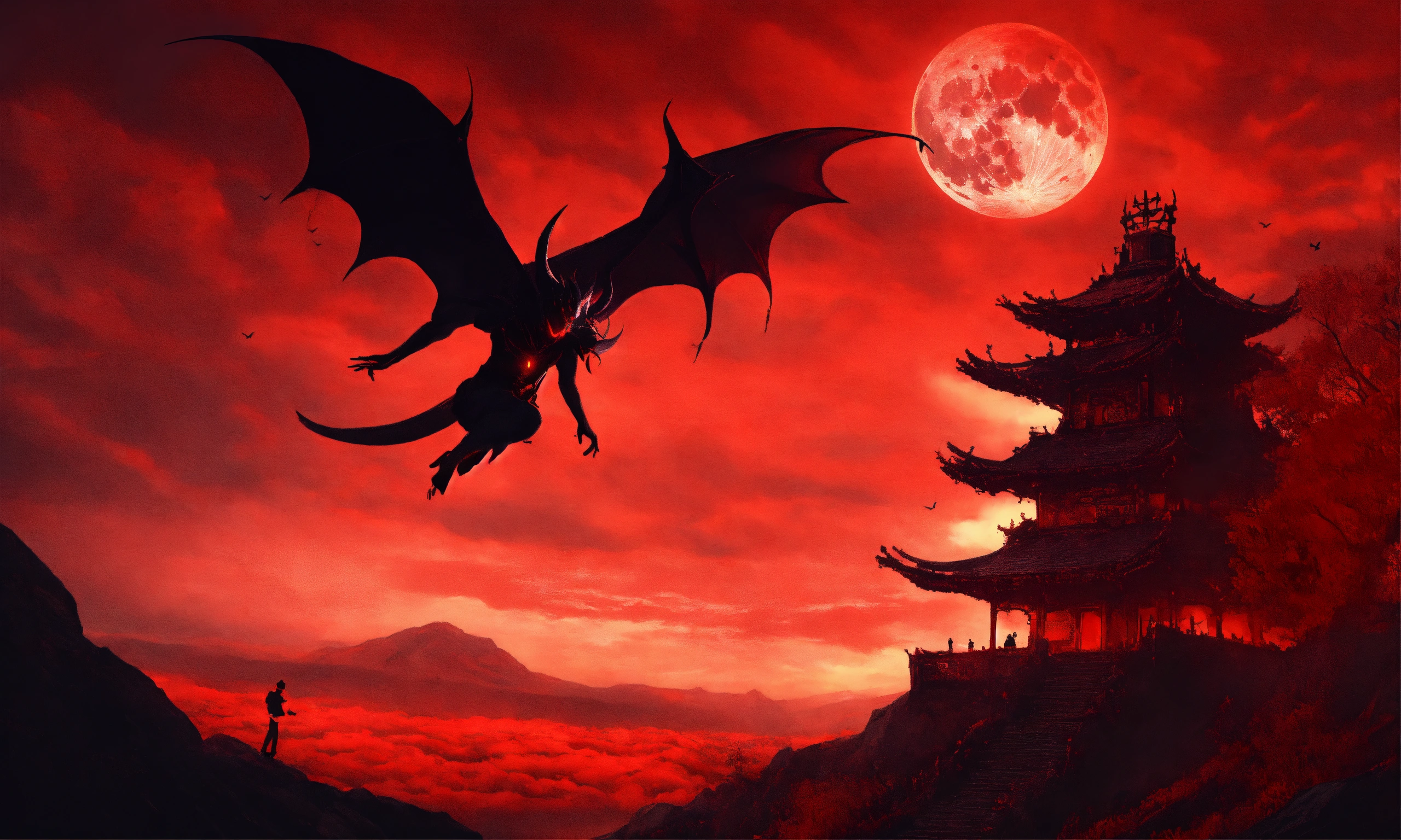 Lexica - Black-red human demon flying in the back red sky with dark moon