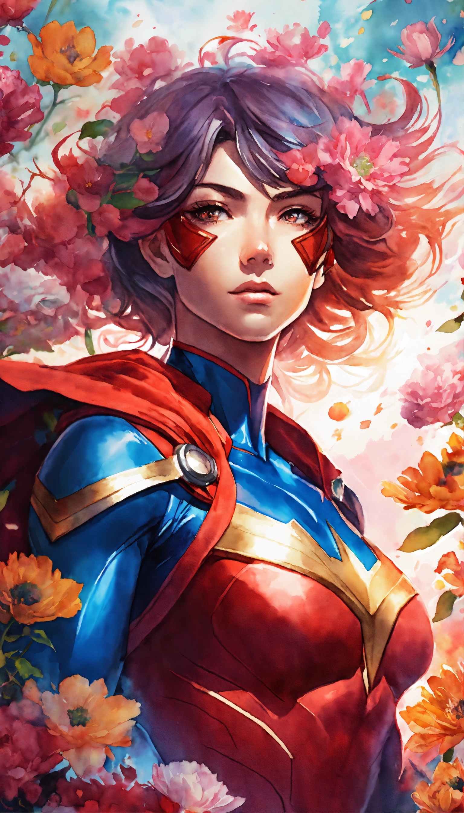 Lexica - Abstract watercolor anime art of a superhero surrounded by  flowers, 8k, stunning intricate details, by artgerm