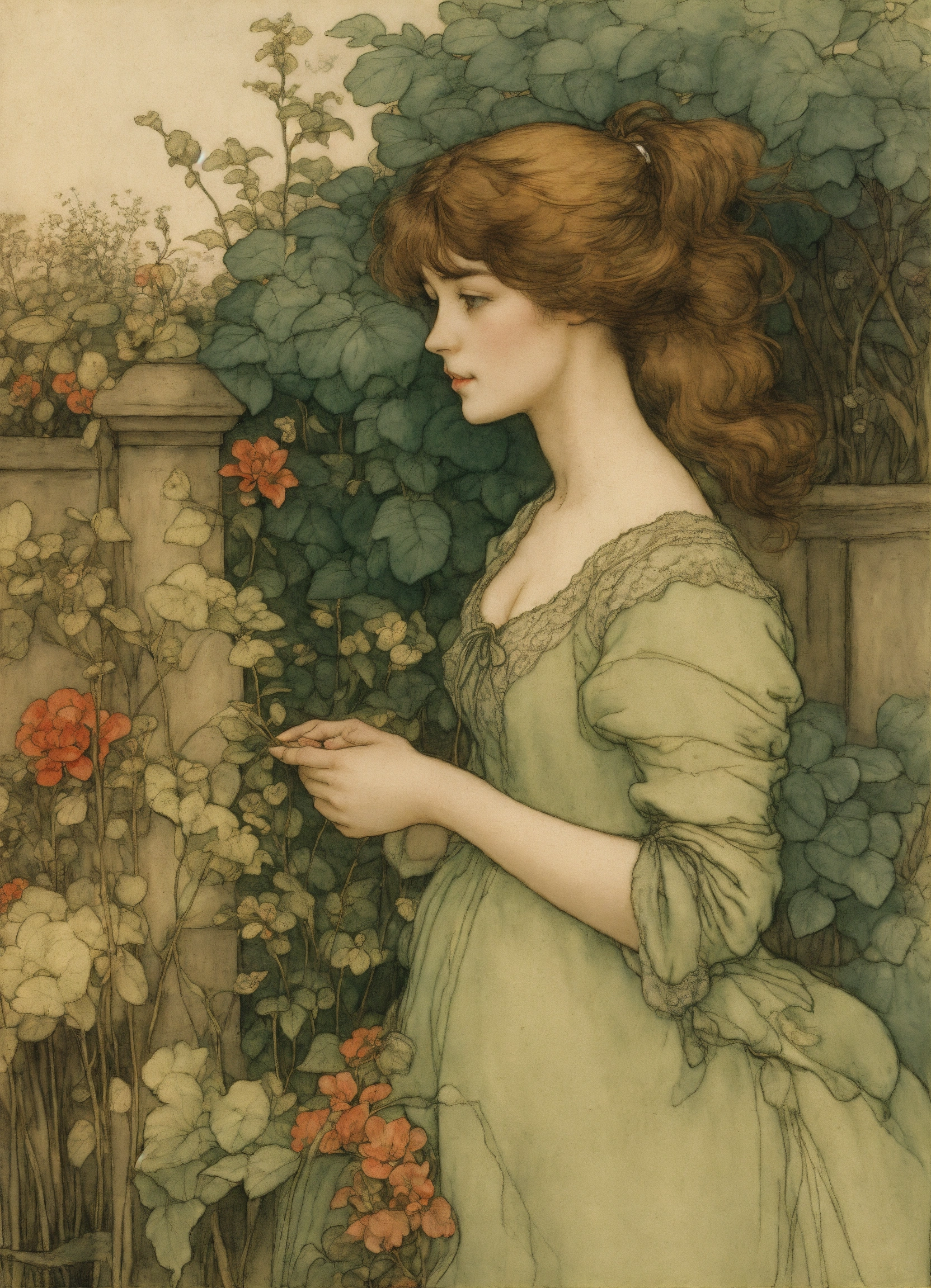 Lexica - '' A Young Woman in a Garden'' by Arthur Rackham