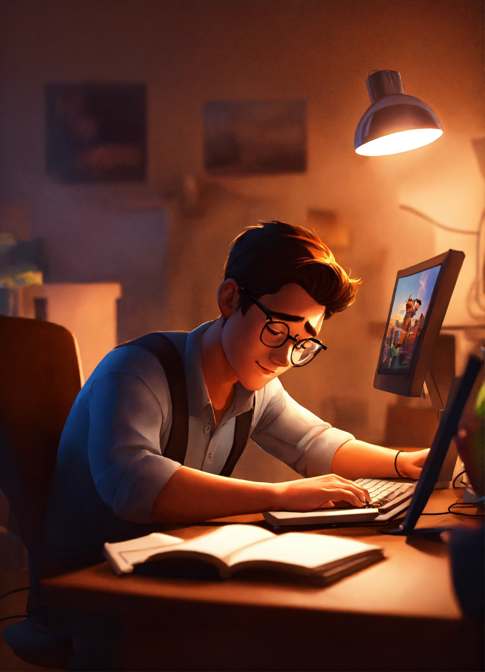 Lexica - Generate a Disney Pixar style image, man working hard in front ...