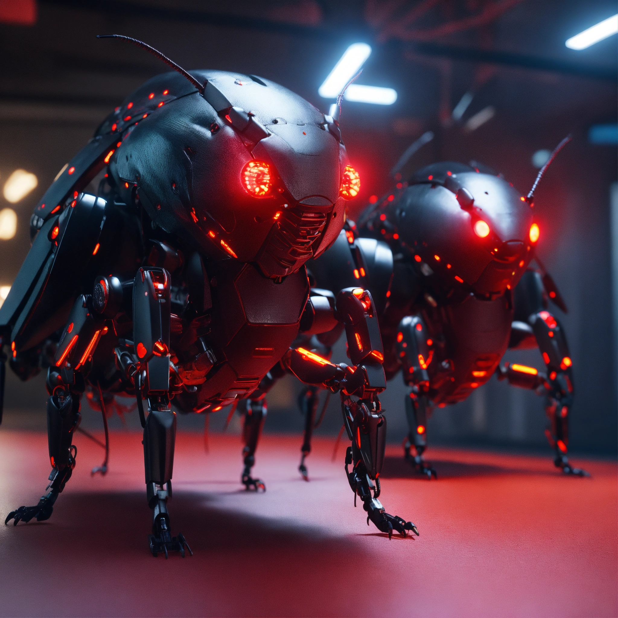 Lexica - Zoom out shot of group of 3 black cockroach faced robotic ...