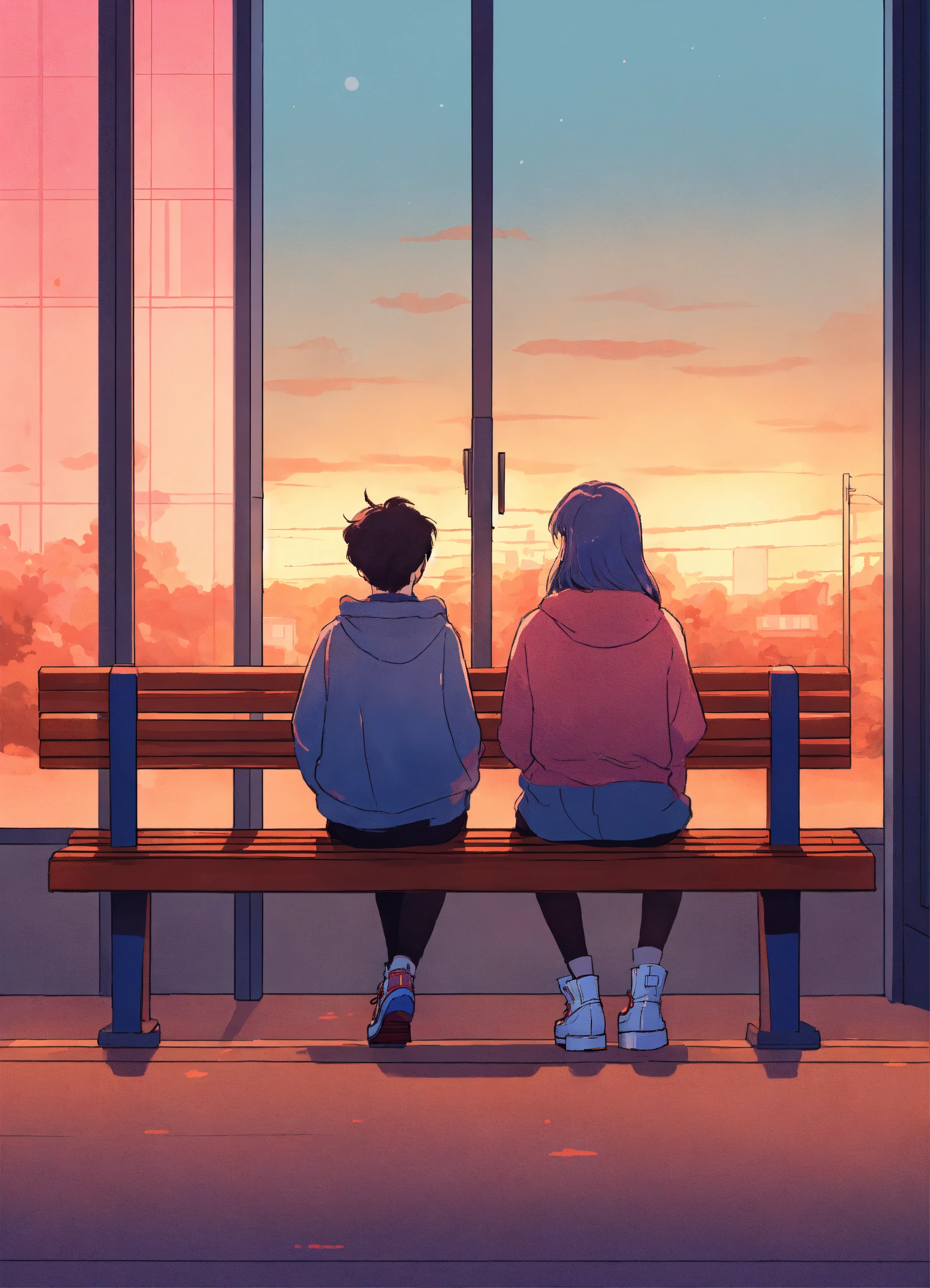 Lexica - Two friends sitting on a bench. sunse cozy webpage background ...