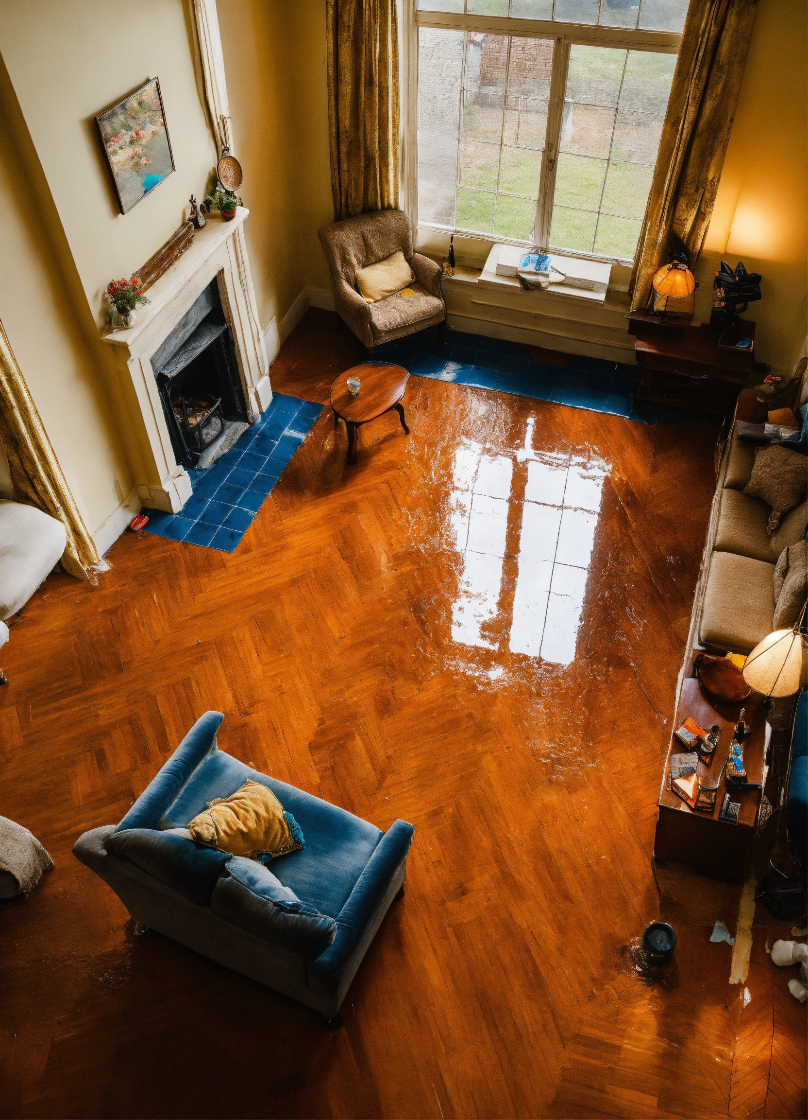 Lexica - Bird eye view of a living room in a house with water leakage ...