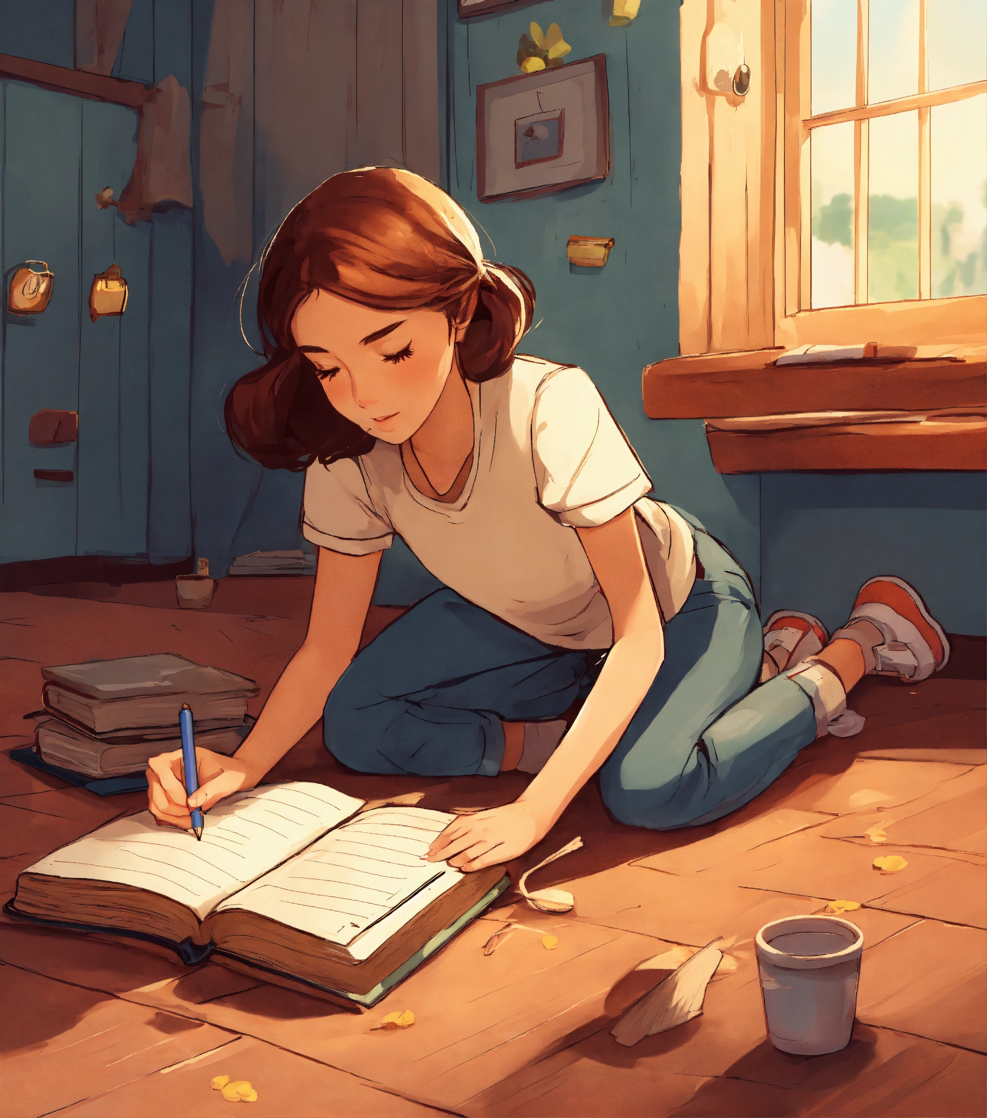 Lexica - A girl is lying on the floor and writing something in the book ...