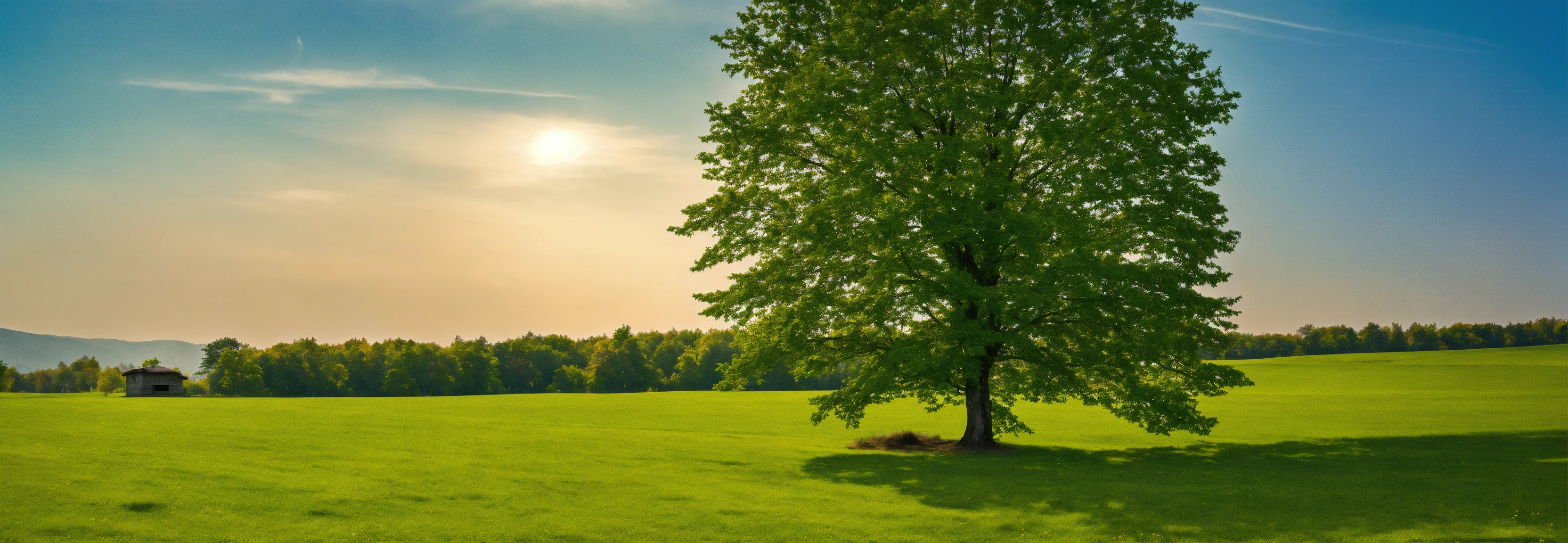 Lexica - A single alone maple tree on a green meadow against a blue sky ...