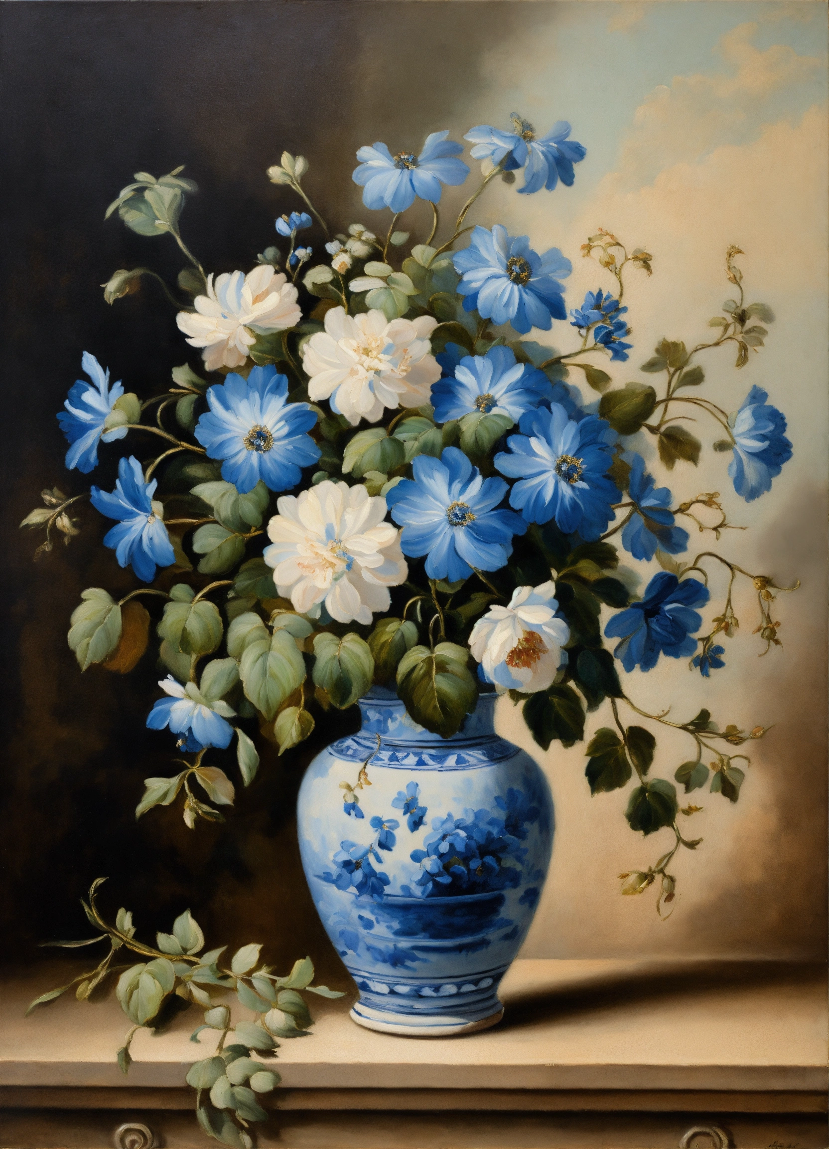 Lexica - French vintage oil painting of blue flowers in delftware vase ...