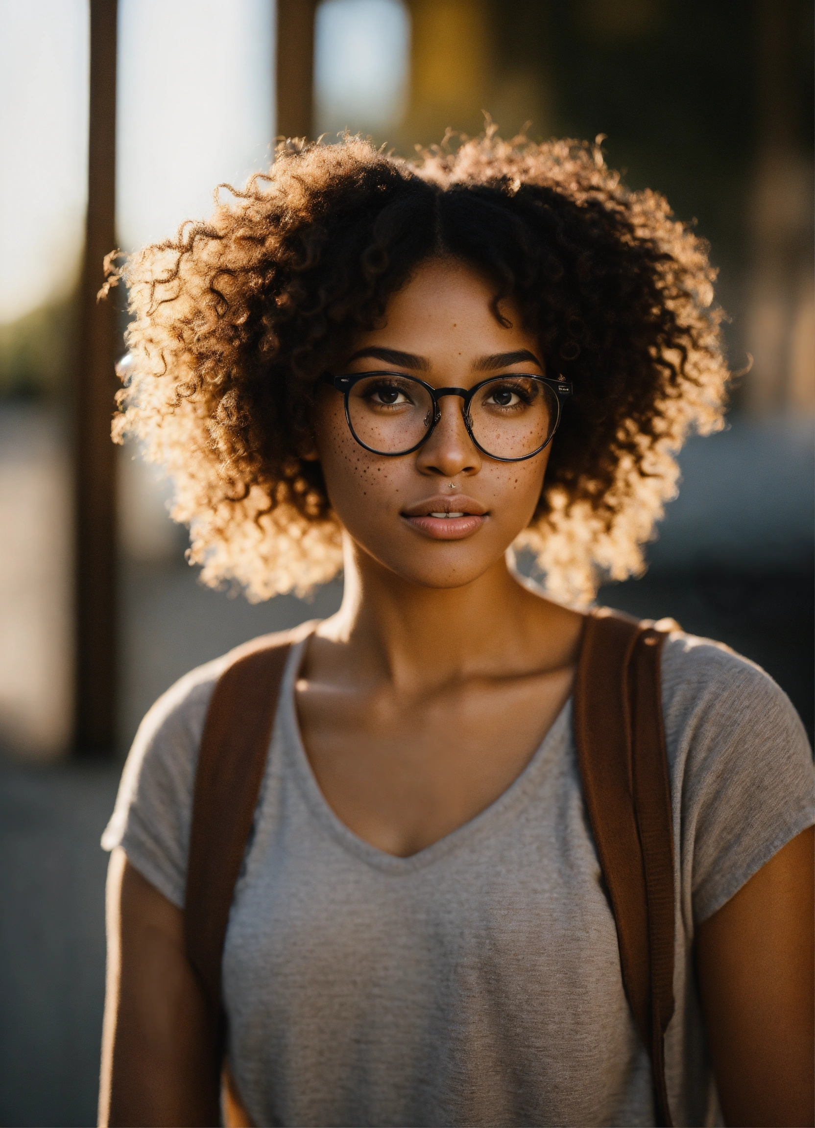 Lexica - Short light skinned black female, long curly with no frizz brown  hair, glasses, freckles, brown eyes, no imperfections