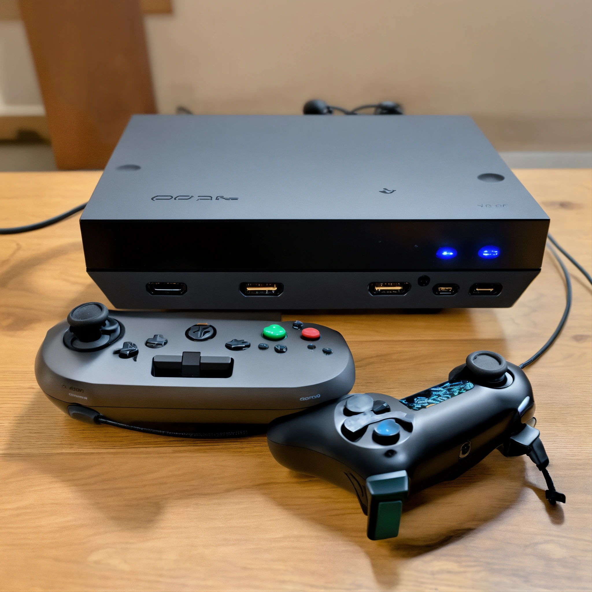 Lexica - A photo of a gaming console. The console is a black box with a ...