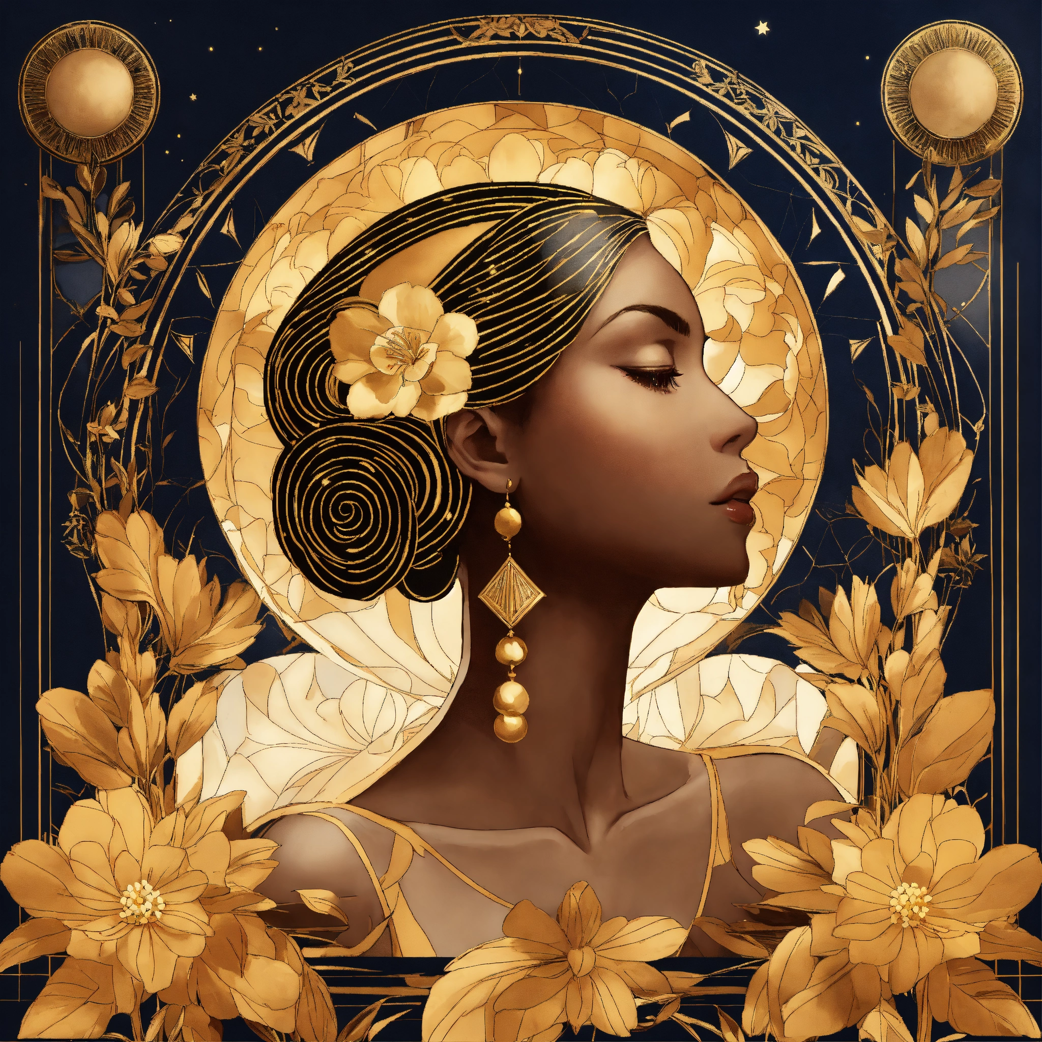 Lexica - A beatiful woman in front a fower like moon,golden art deco ...