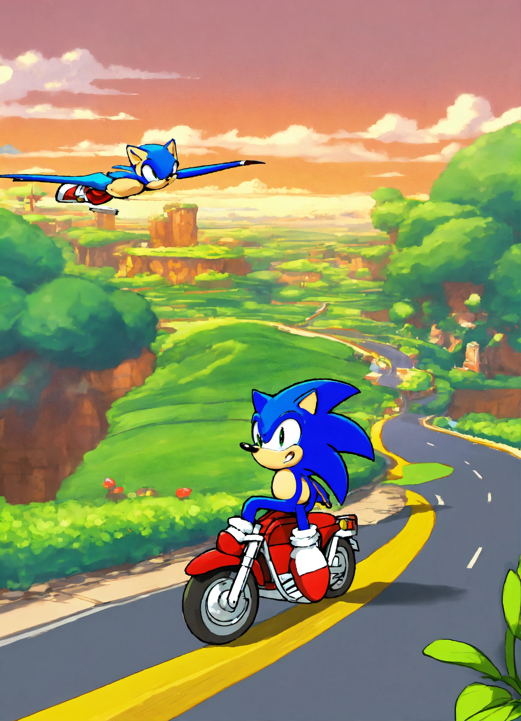 Lexica - Sonic riding on Yoshi with road background