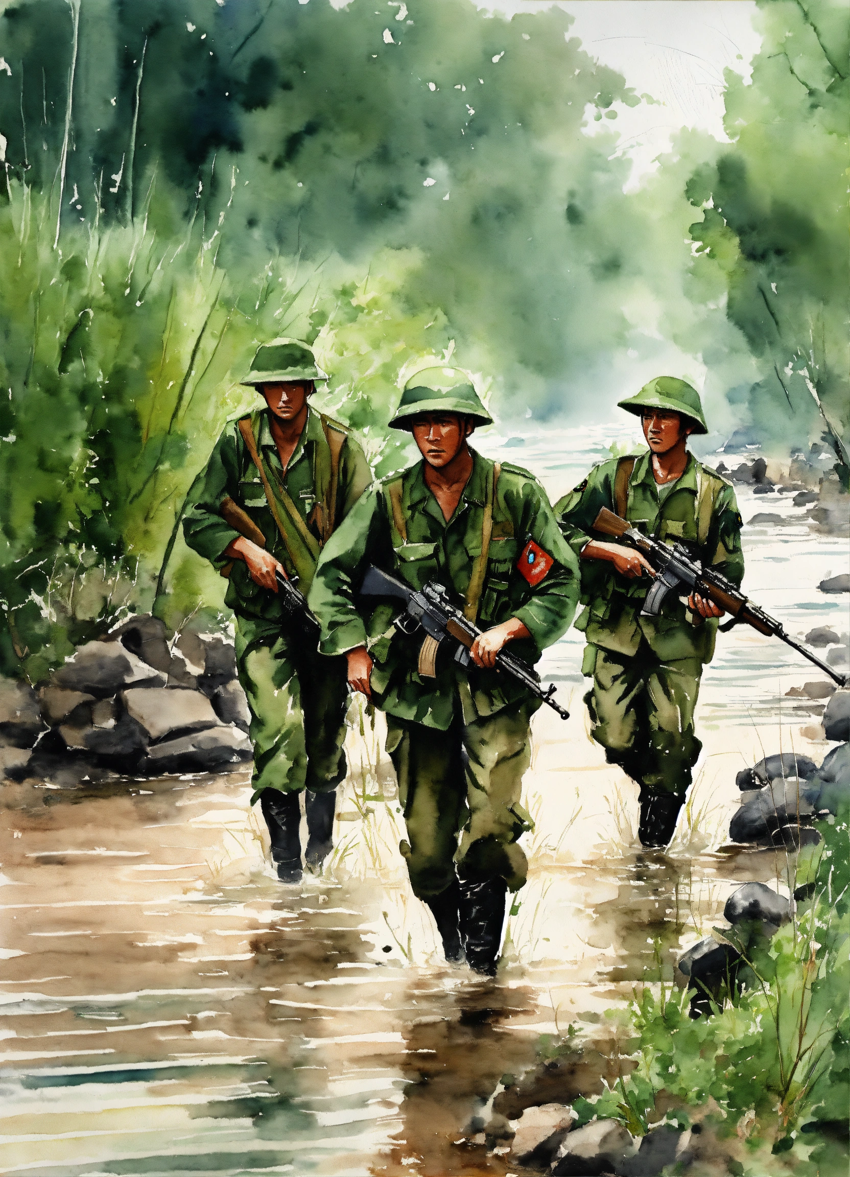 Lexica - Create a watercolor painting of a U.S. Army patrol crossing a ...